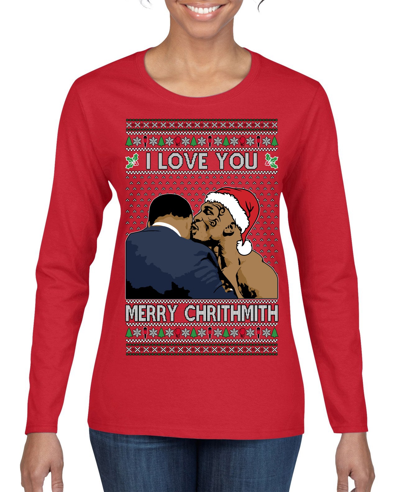 I Love You Merry Chrithmith Funny Boxing Fight Meme Classic Funny Xmas Ugly Christmas Sweater Womens Graphic Long Sleeve T-Shirt