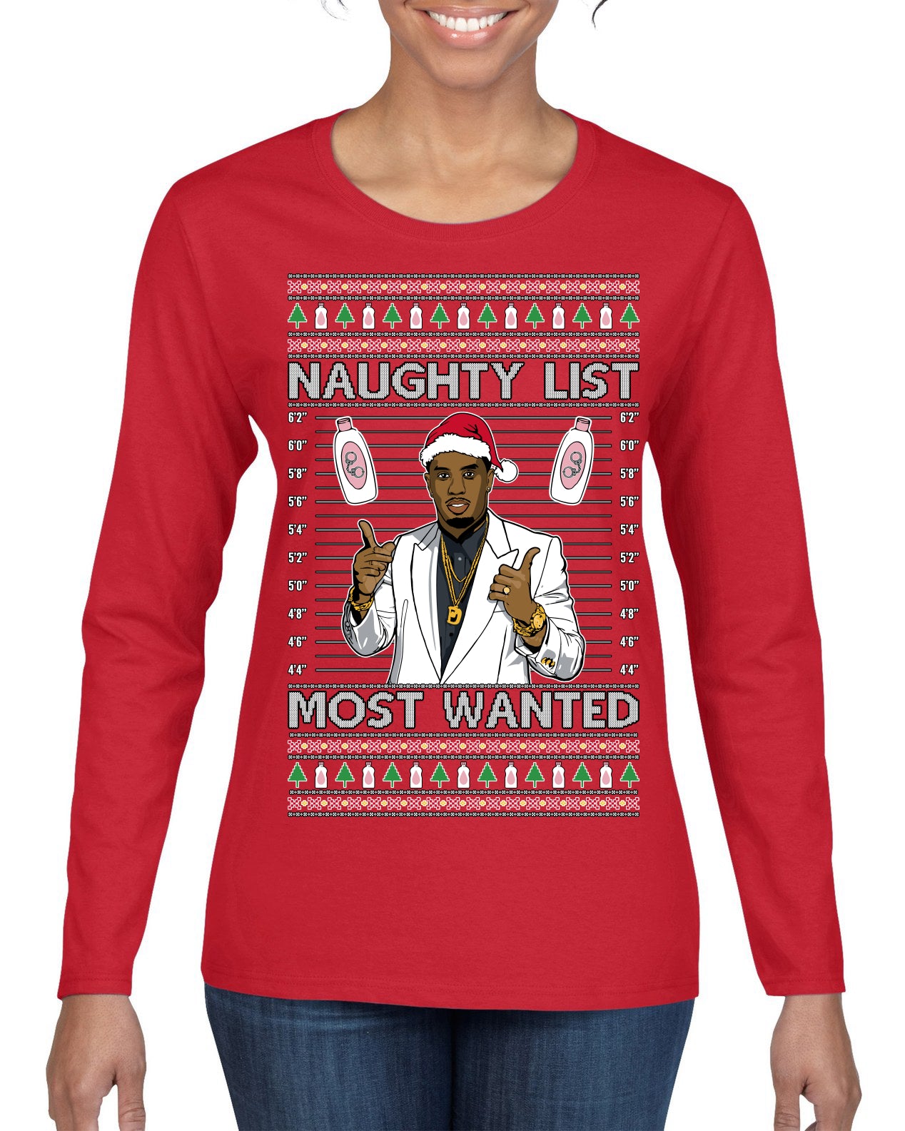 Naughty List Most Wanted, Funny Santa P Diddy Diddler Funny Party Viral Music Baby Oil Meme Ugly Christmas Sweater Womens Graphic Long Sleeve T-Shirt