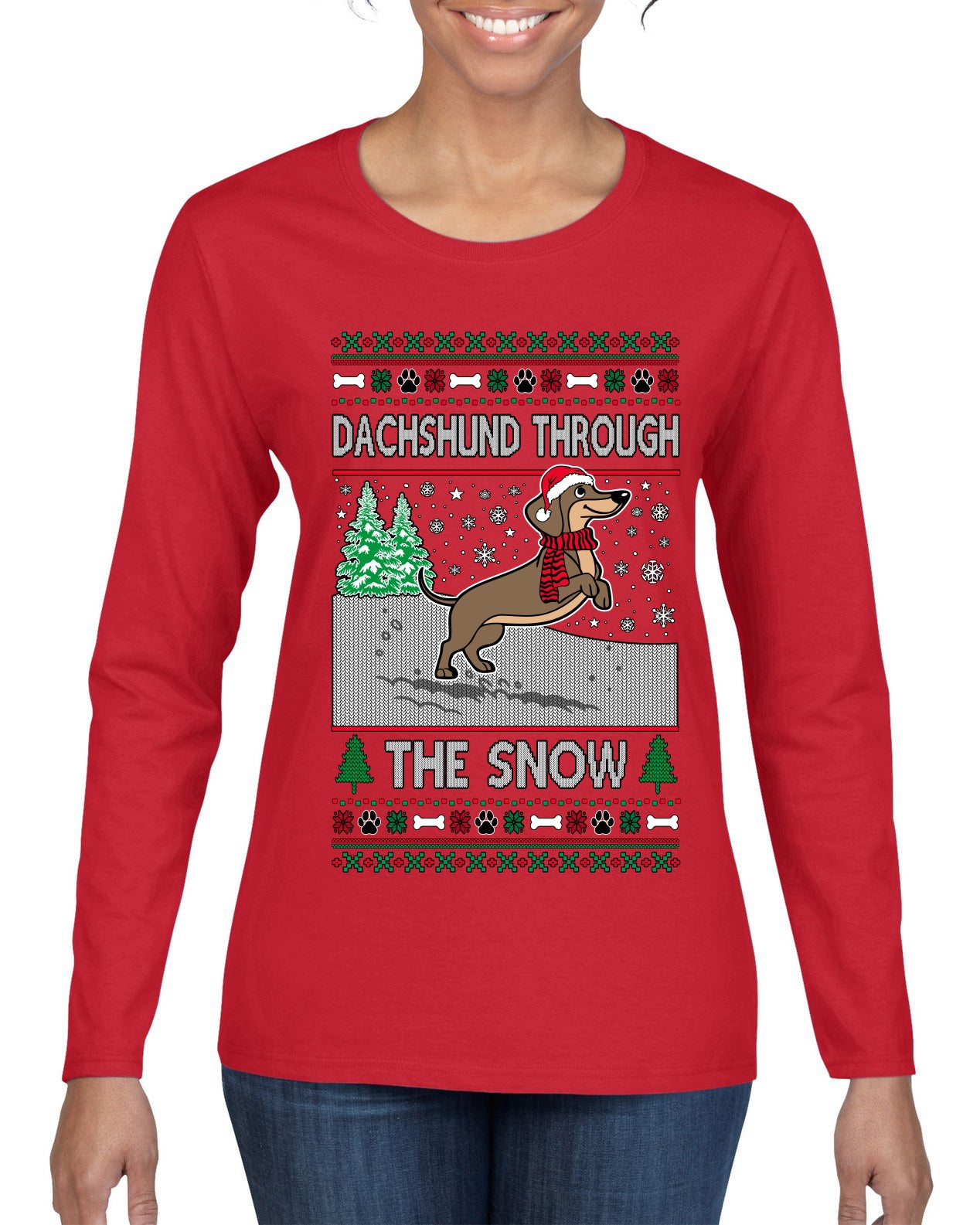 Dachshund Through The Snow, Cute Dog Christmas Sweater, Ugly Christmas Sweater Womens Graphic Long Sleeve T-Shirt