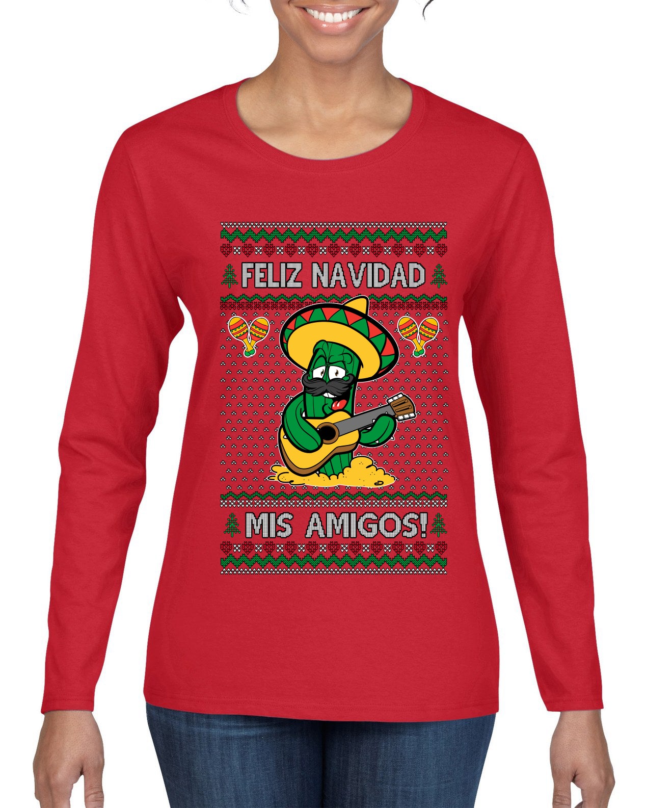 Feliz Navidad Mis Amigos!, Ugly Christmas Sweater Womens Graphic Long Sleeve T-Shirt