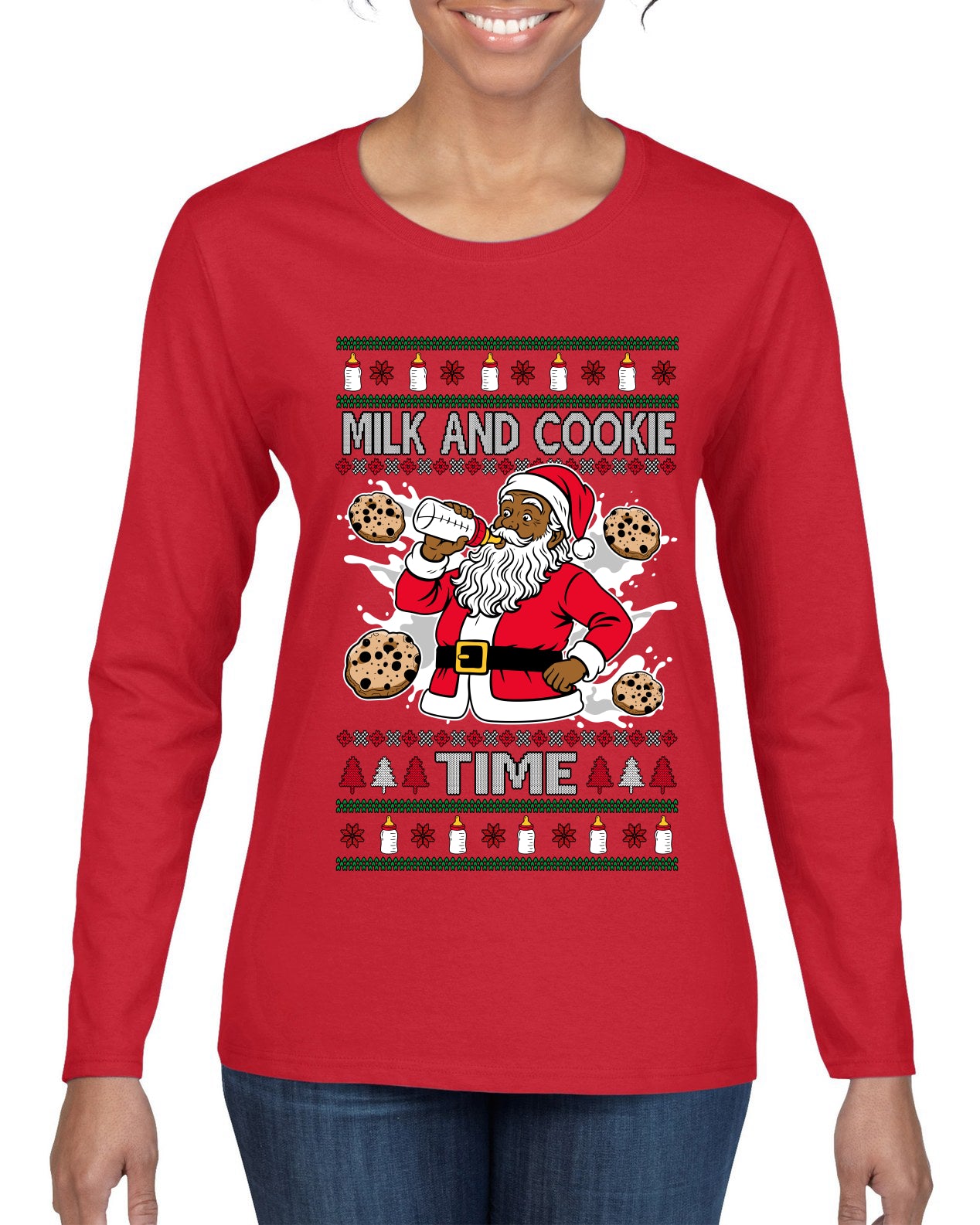 Milk And Cookie Time Christmas Sweater, Ugly Christmas Sweater Womens Graphic Long Sleeve T-Shirt