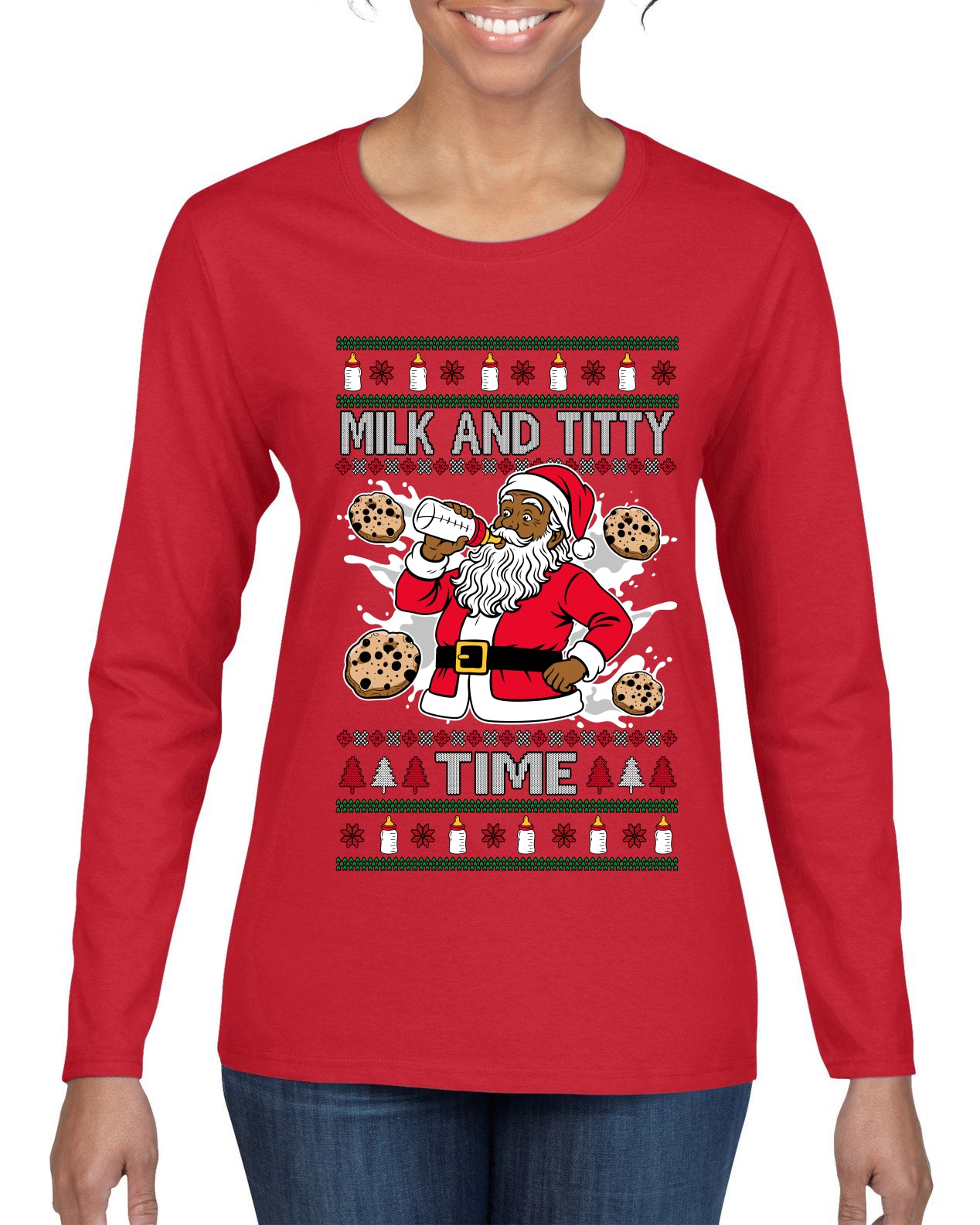 Milk And Titty Time Christmas Sweater, Ugly Christmas Sweater Womens Graphic Long Sleeve T-Shirt