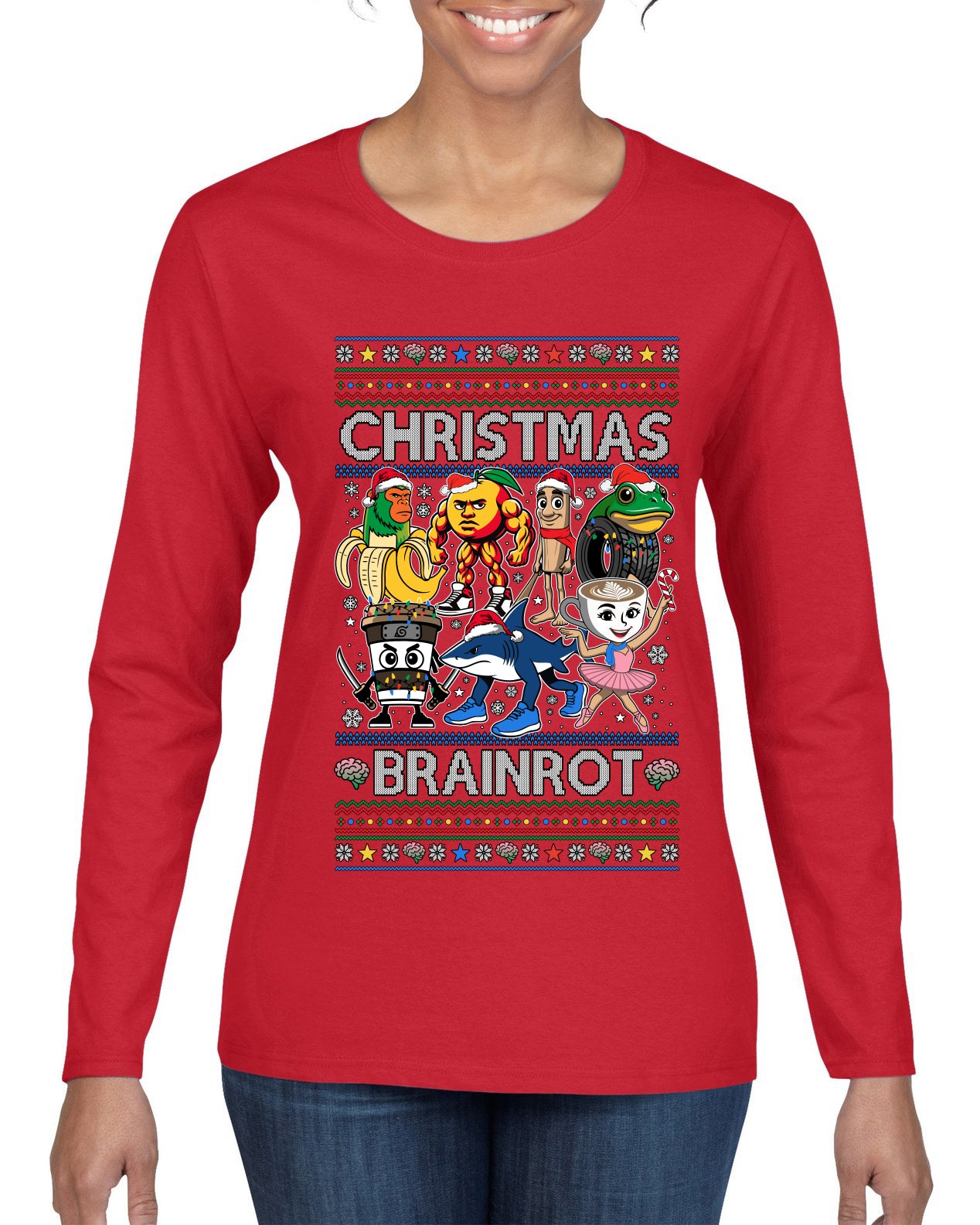 Christmas Brainrot, Ugly Christmas Sweater Womens Graphic Long Sleeve T-Shirt