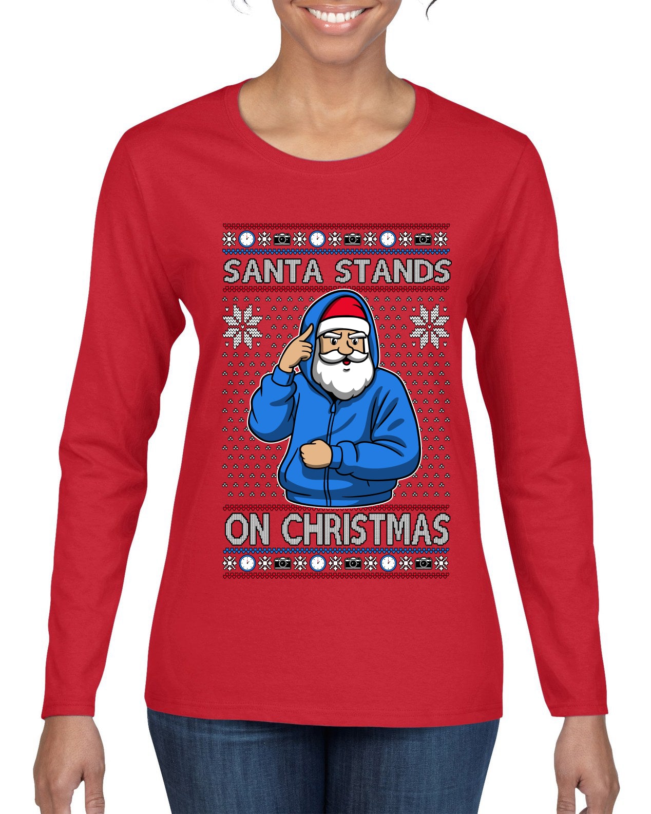 Santa Stands On Christmas, Ugly Christmas Sweater Womens Graphic Long Sleeve T-Shirt