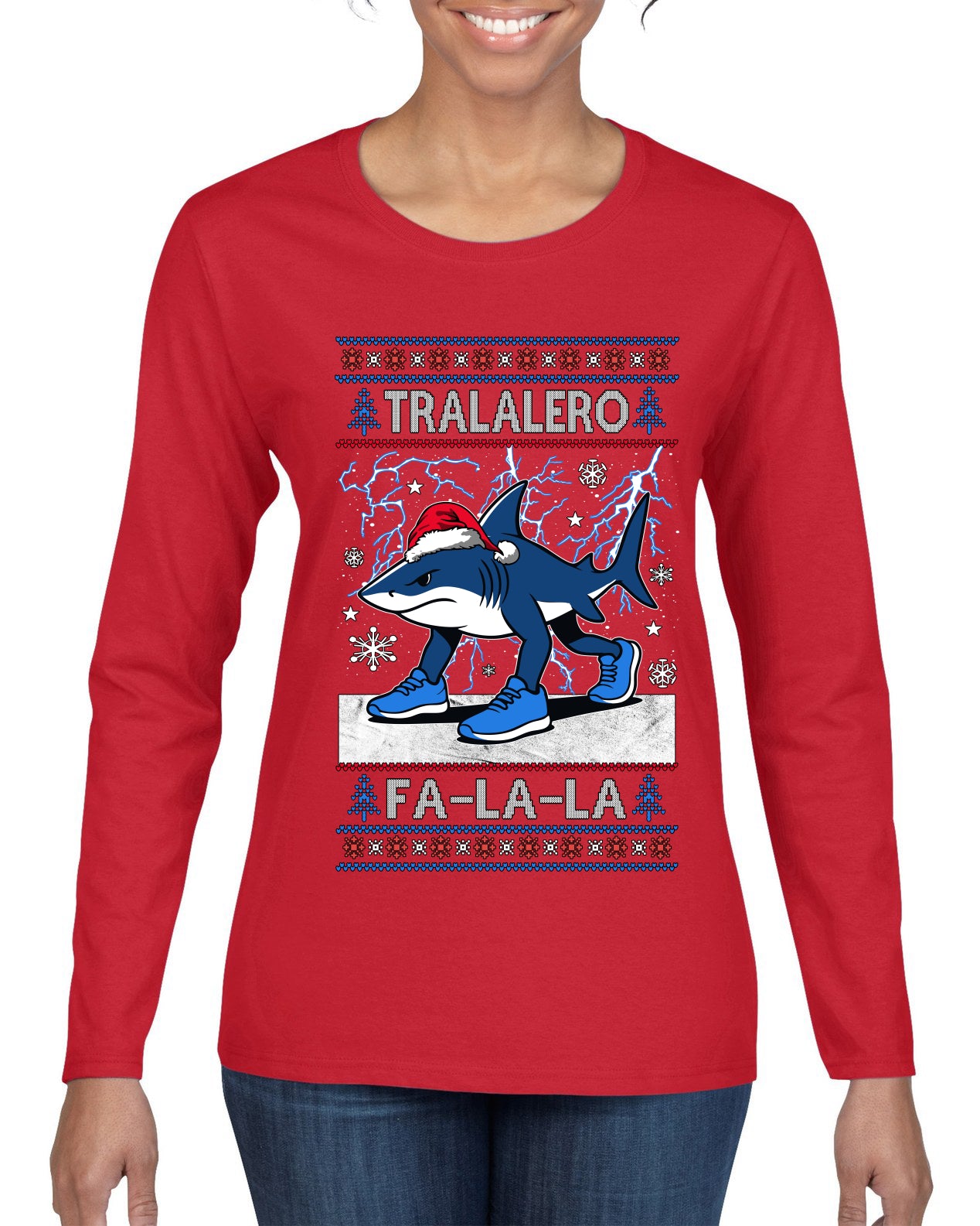 Tralalero Fa La La Brainrot, Ugly Christmas Sweater Womens Graphic Long Sleeve T-Shirt
