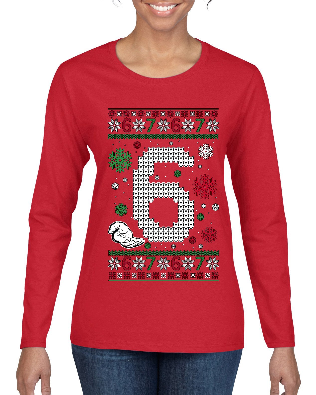 Christmas 6 Meme, Ugly Christmas Sweater Womens Graphic Long Sleeve T-Shirt