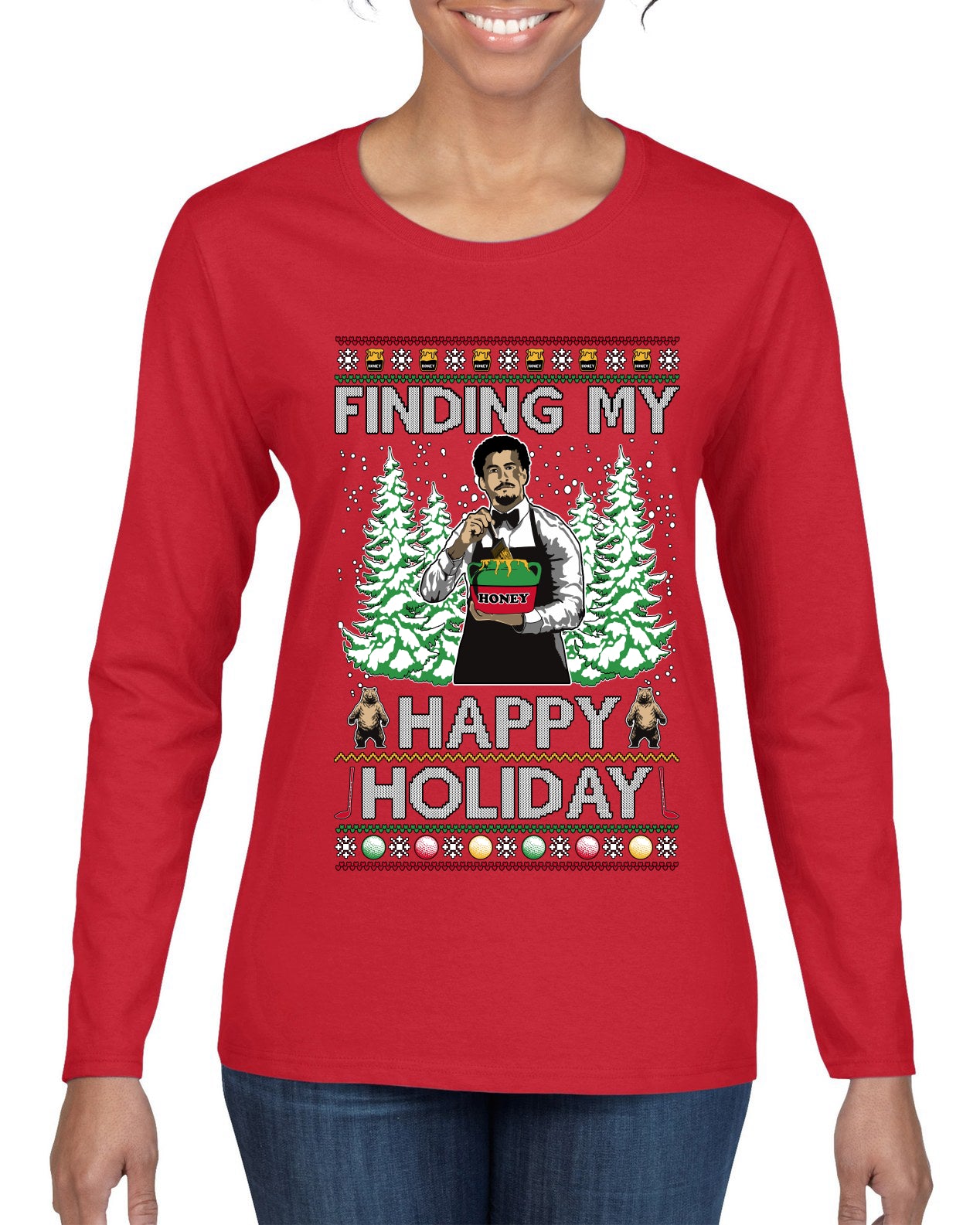 Finding My Happy Holiday, Ugly Christmas Sweater Womens Graphic Long Sleeve T-Shirt