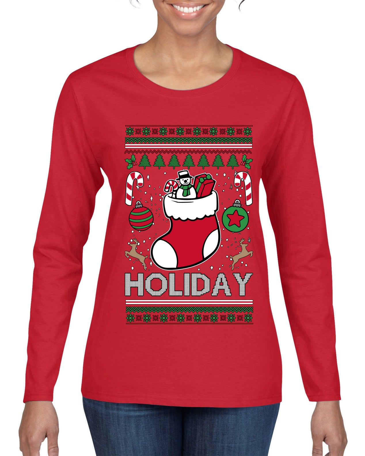 Holiday, Ugly Christmas Sweater Womens Graphic Long Sleeve T-Shirt