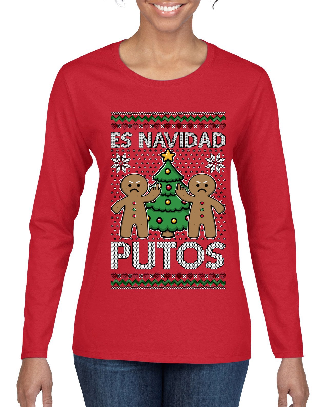 Es Navidad Putos, Ugly Christmas Sweater Womens Graphic Long Sleeve T-Shirt