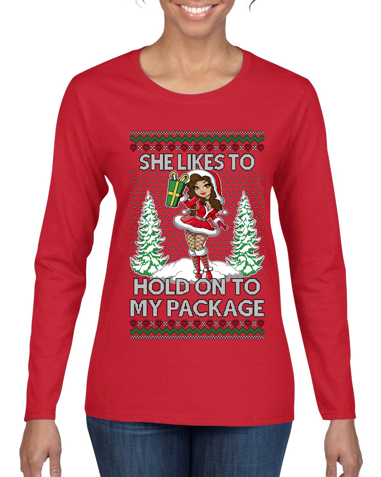 Hold My Package, Ugly Christmas Sweater Womens Graphic Long Sleeve T-Shirt