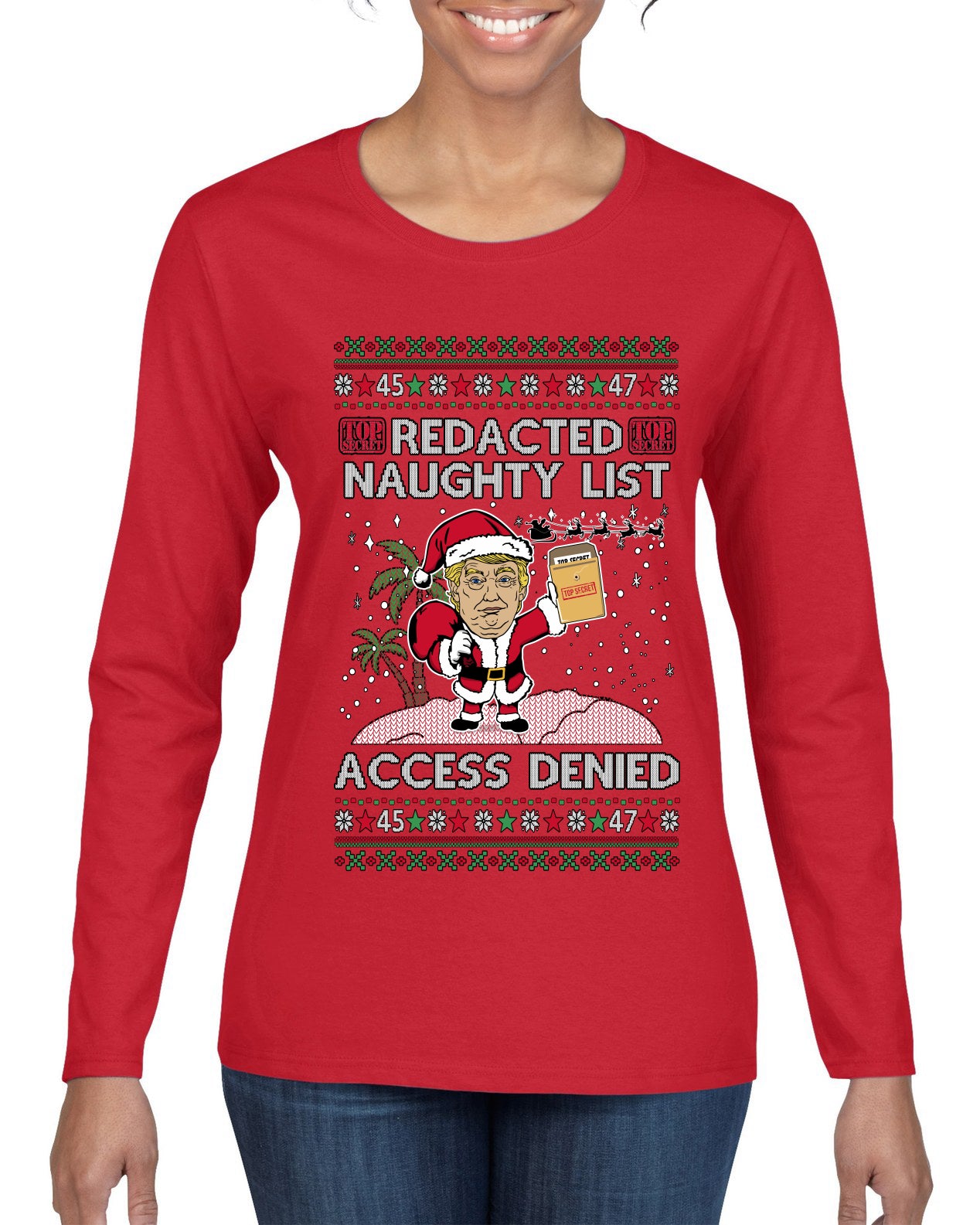 Redacted Naughty List Access Denied, Ugly Christmas Sweater Womens Graphic Long Sleeve T-Shirt