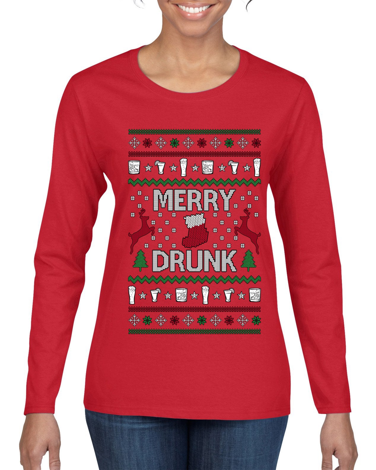 Merry Drunk, Ugly Christmas Sweater Womens Graphic Long Sleeve T-Shirt