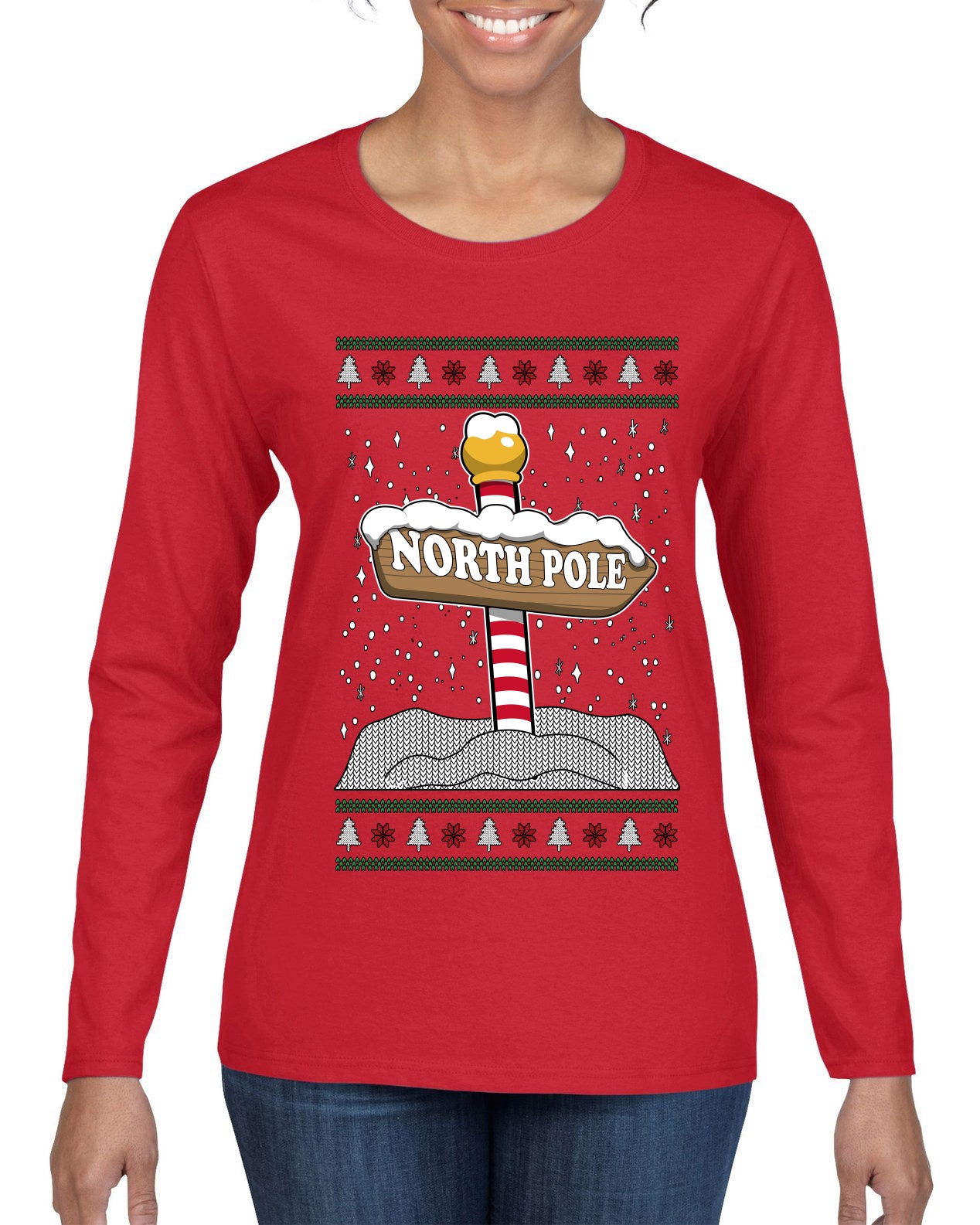 North Pole, Ugly Christmas Sweater Womens Graphic Long Sleeve T-Shirt