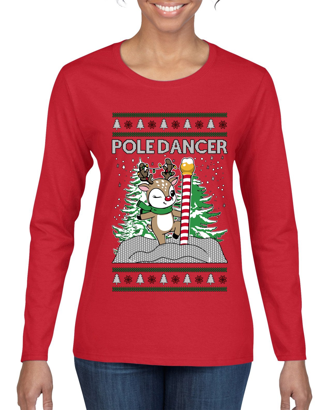 Pole Dancer, Ugly Christmas Sweater Womens Graphic Long Sleeve T-Shirt