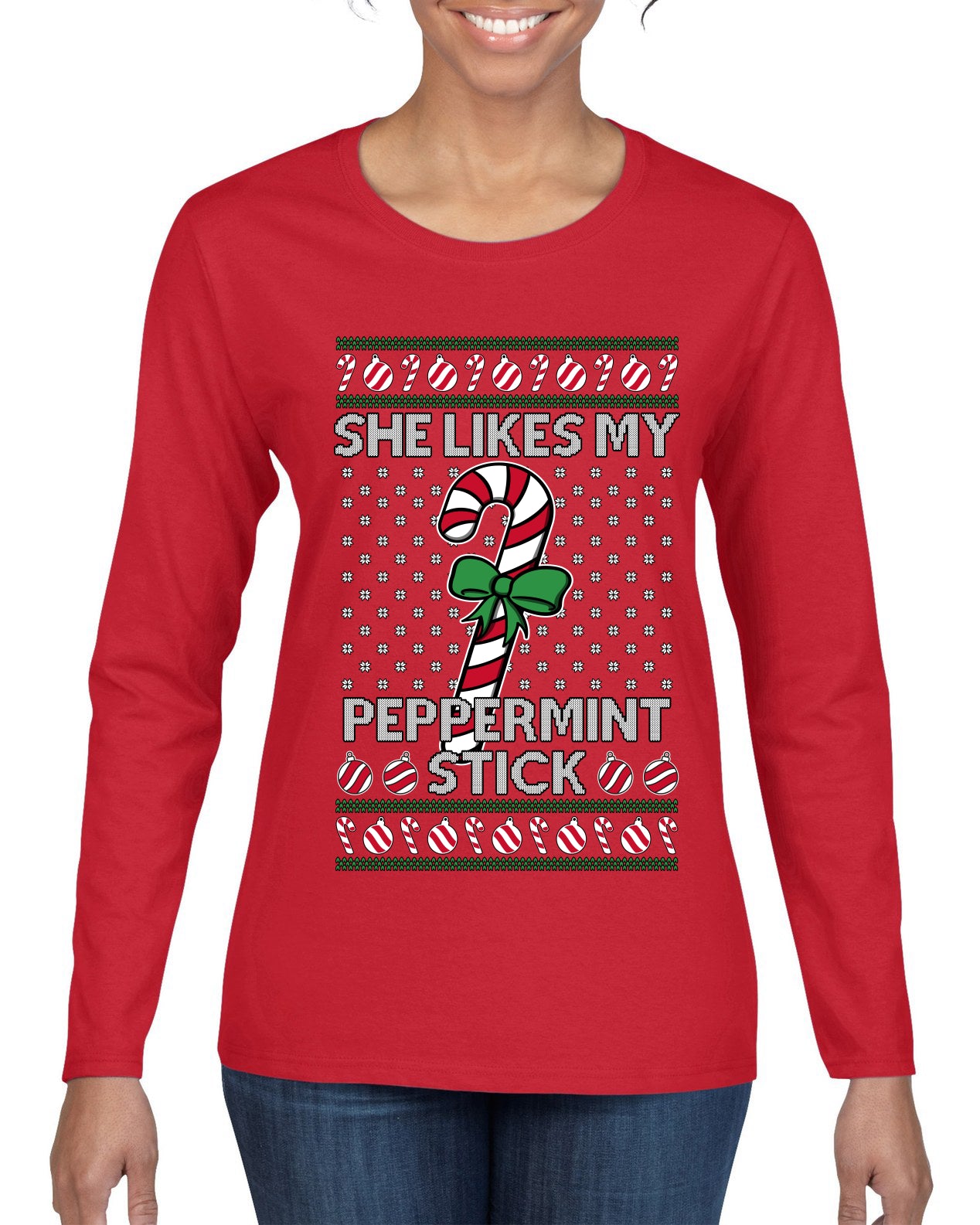 She Likes My Peppermint Stick, Ugly Christmas Sweater Womens Graphic Long Sleeve T-Shirt