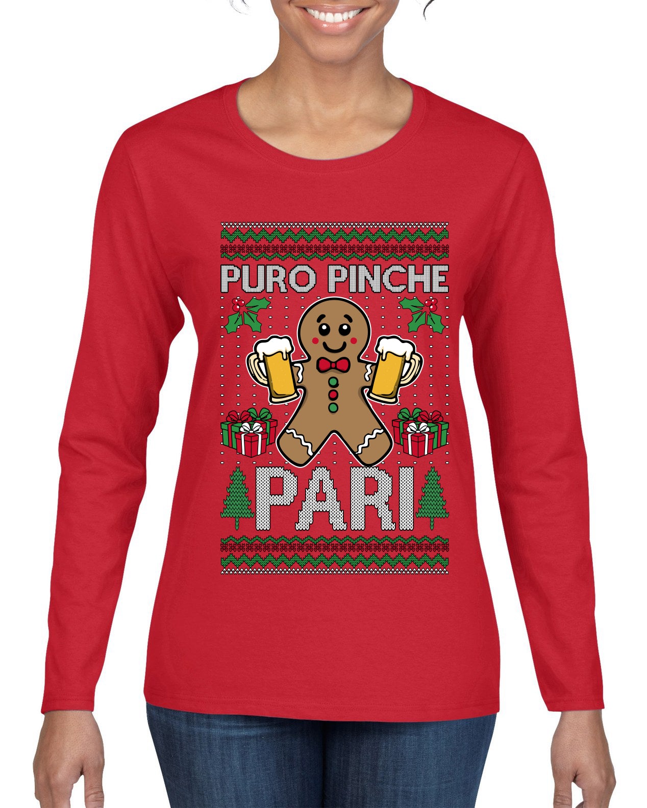 Puro Pinche Pari, Ugly Christmas Sweater Womens Graphic Long Sleeve T-Shirt