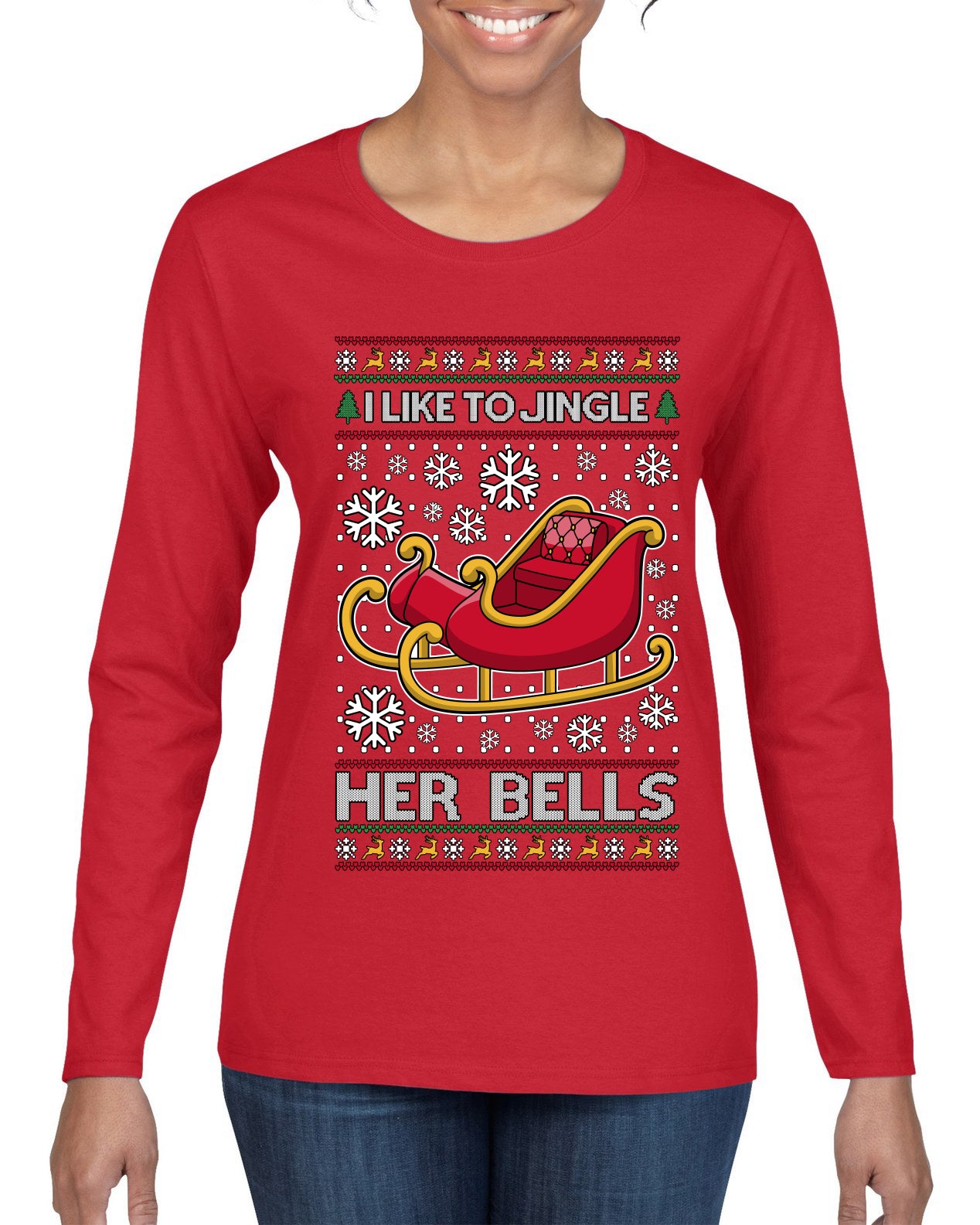 I Like To Jingle Her Bells, Ugly Christmas Sweater Womens Graphic Long Sleeve T-Shirt