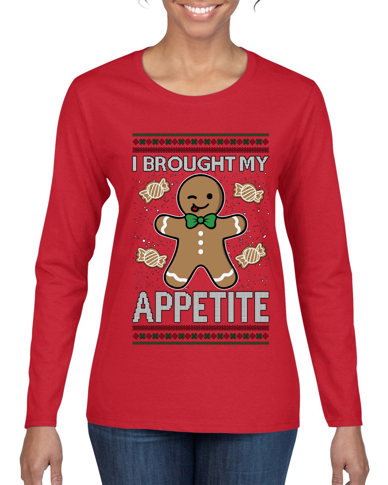 I Brought My Appetitie, Ugly Christmas Sweater Womens Graphic Long Sleeve T-Shirt