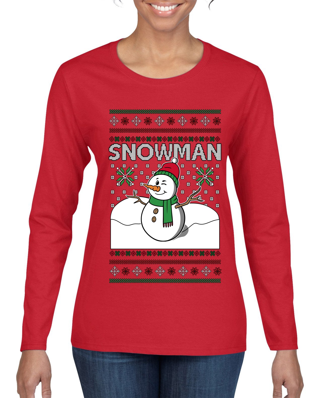 Snowman, Ugly Christmas Sweater Womens Graphic Long Sleeve T-Shirt