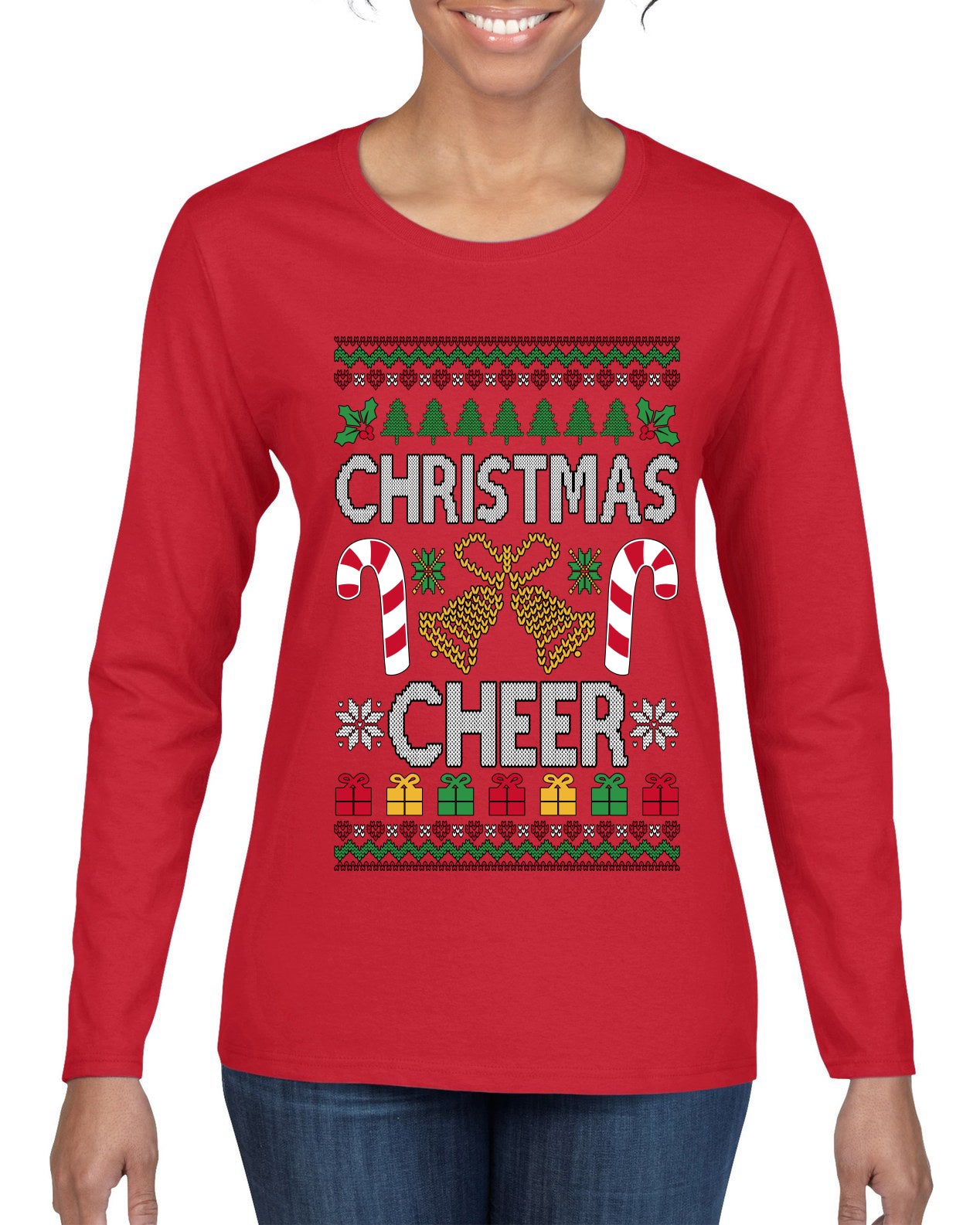 Christmas Cheer, Ugly Christmas Sweater Womens Graphic Long Sleeve T-Shirt