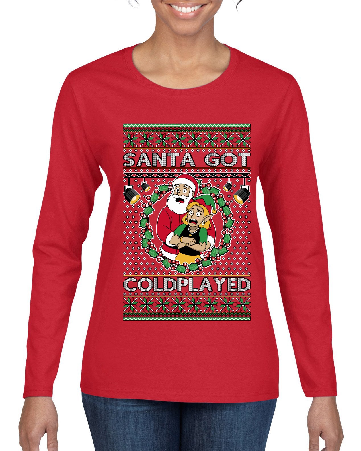 Santa Got Coldplayed, Ugly Christmas Sweater Womens Graphic Long Sleeve T-Shirt