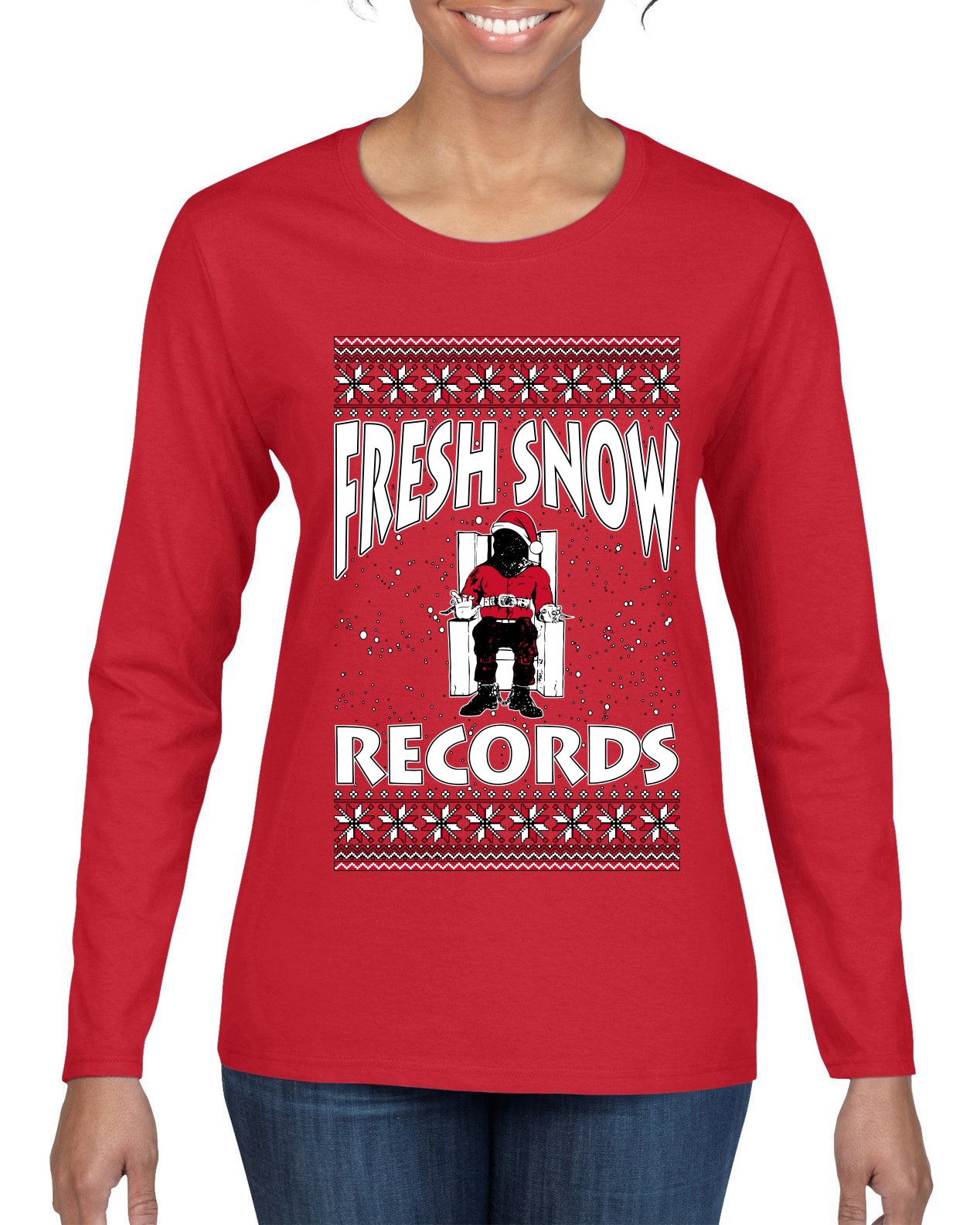 Fresh Snow Records Hip Hop Parody, Ugly Christmas Sweater Womens Graphic Long Sleeve T-Shirt