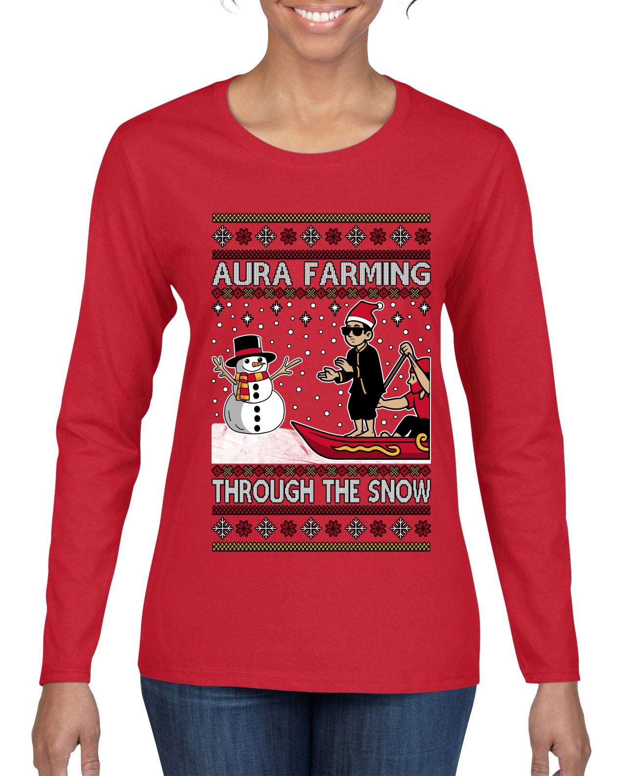 Aura Farming Through The Snow Meme, Ugly Christmas Sweater Womens Graphic Long Sleeve T-Shirt