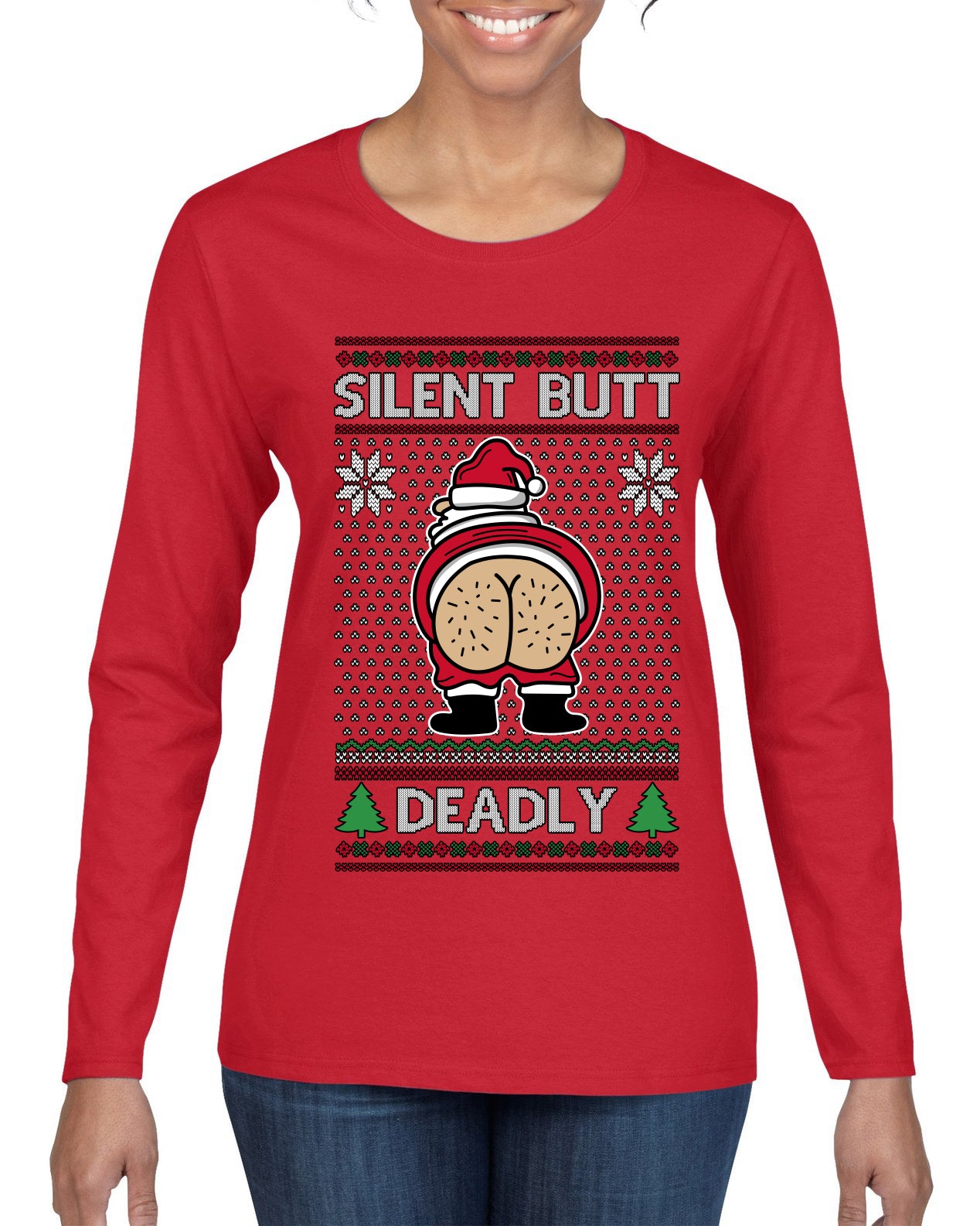 Silent Butt Deadly Farting Santa, Ugly Christmas Sweater Womens Graphic Long Sleeve T-Shirt