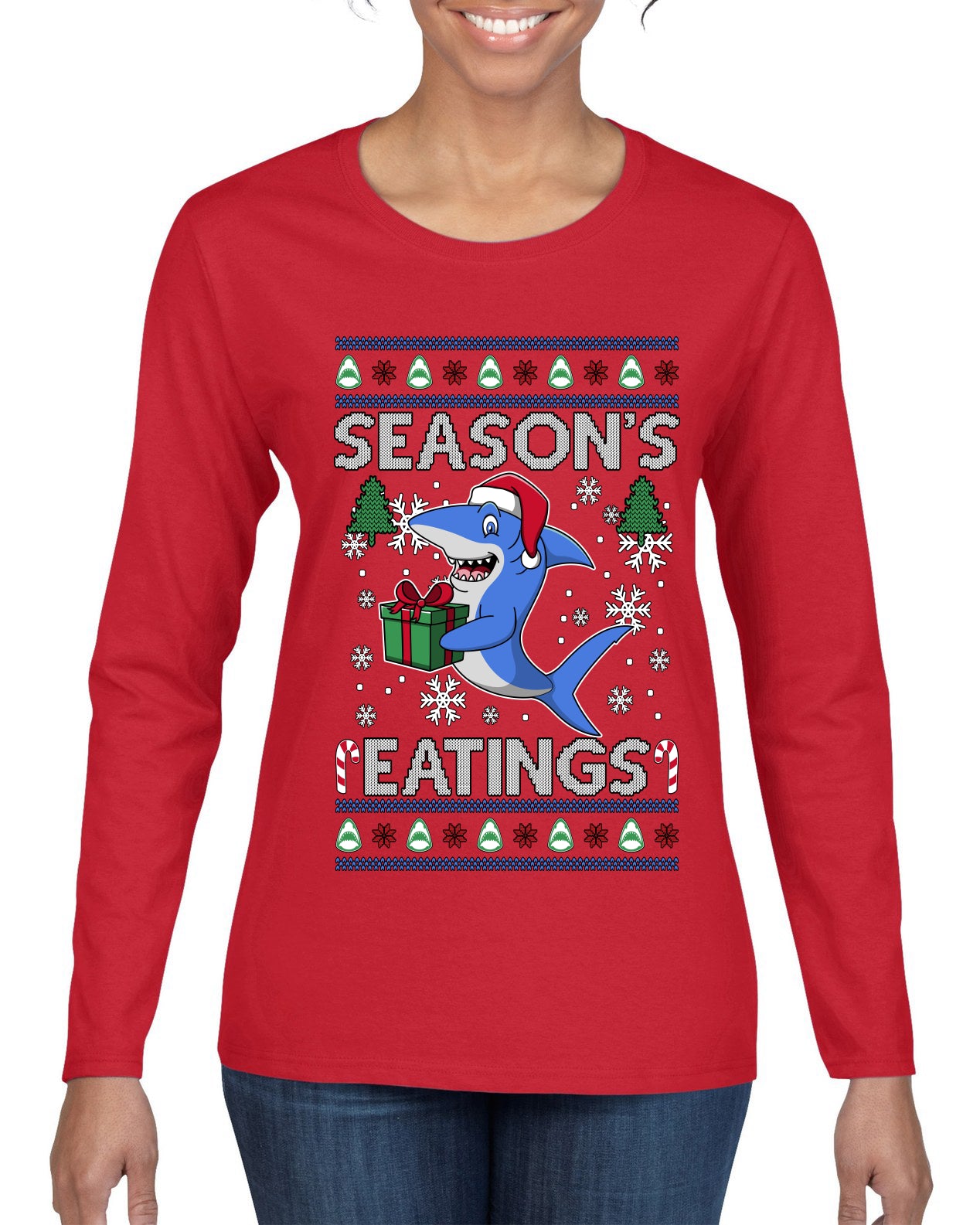 Season's Eatings Shark, Ugly Christmas Sweater Womens Graphic Long Sleeve T-Shirt