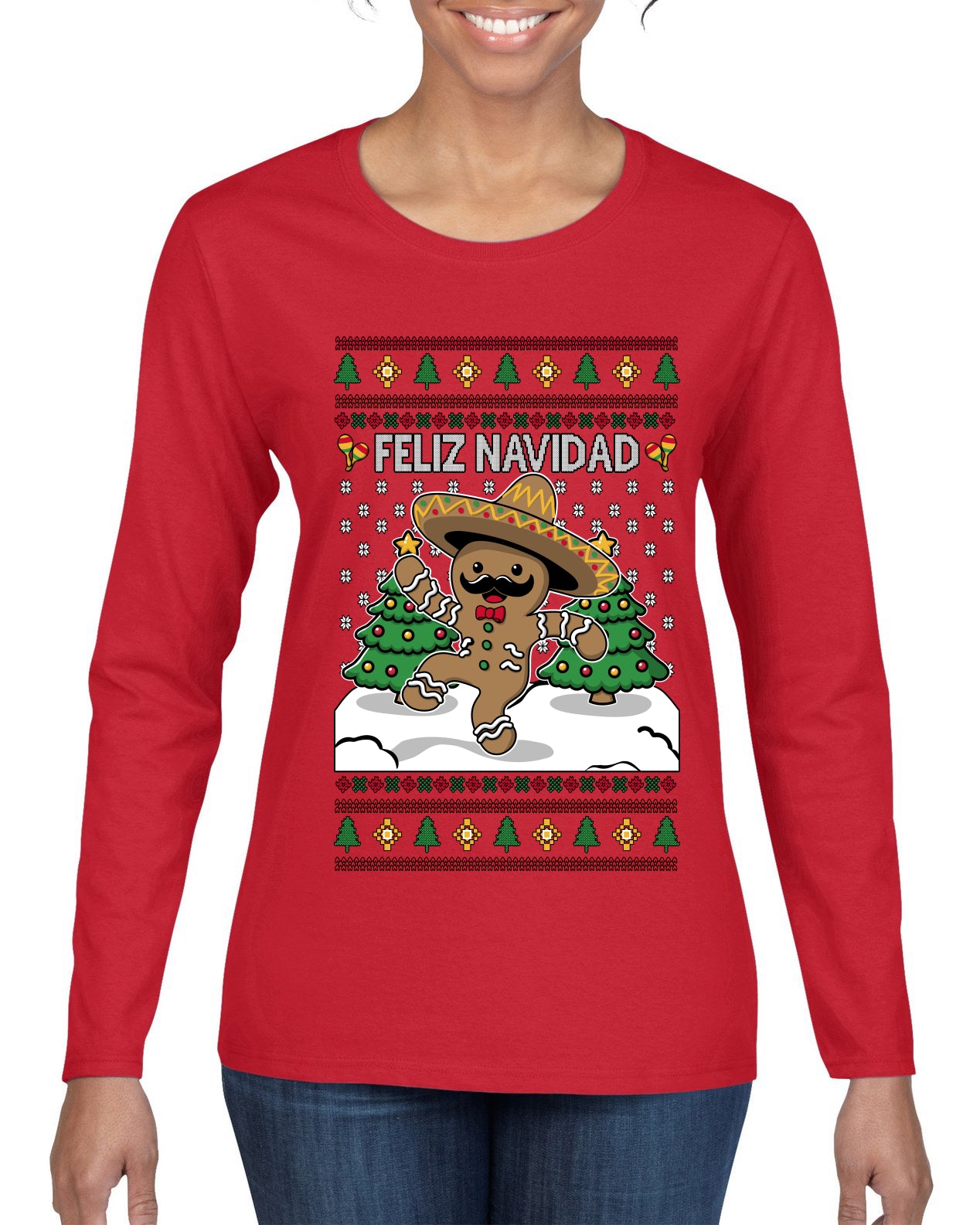 Feliz Navidad Dancing Gingerbread Man, Ugly Christmas Sweater Womens Graphic Long Sleeve T-Shirt
