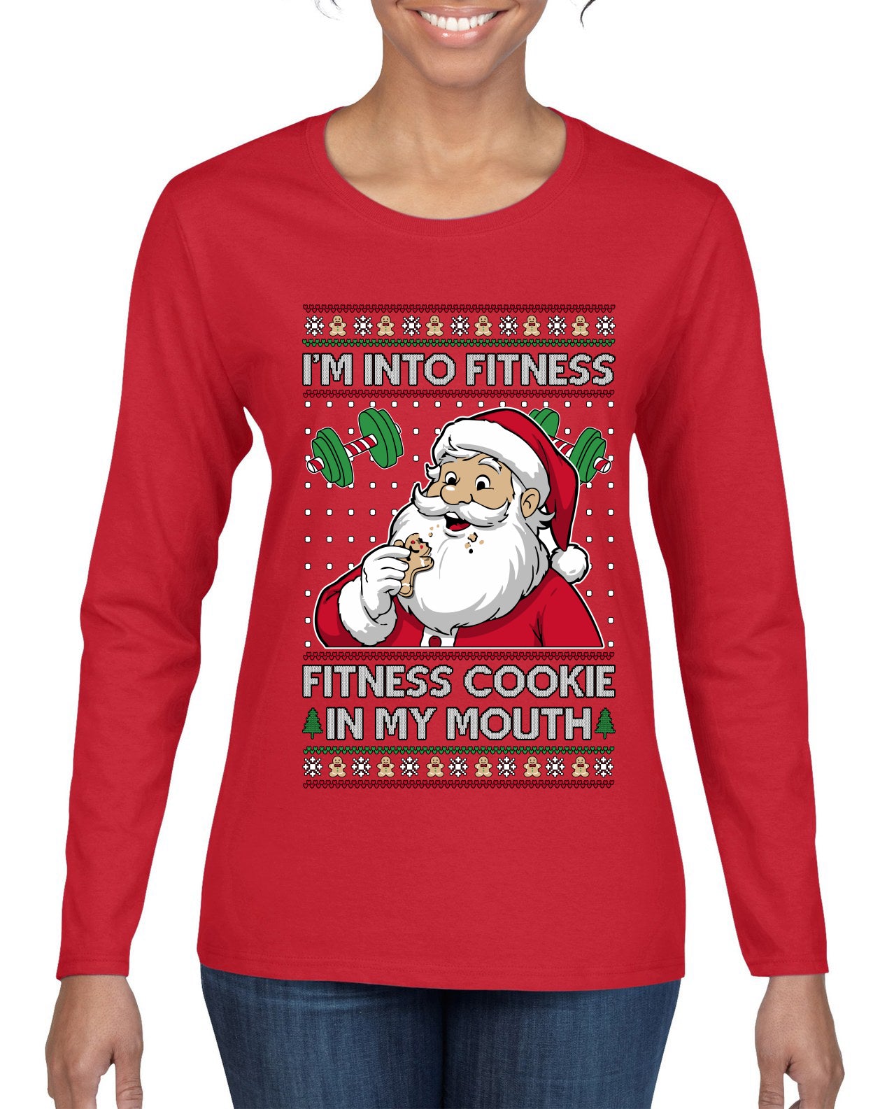 I'm Into Fitness Cookie In My Mouth Santa, Ugly Christmas Sweater Womens Graphic Long Sleeve T-Shirt