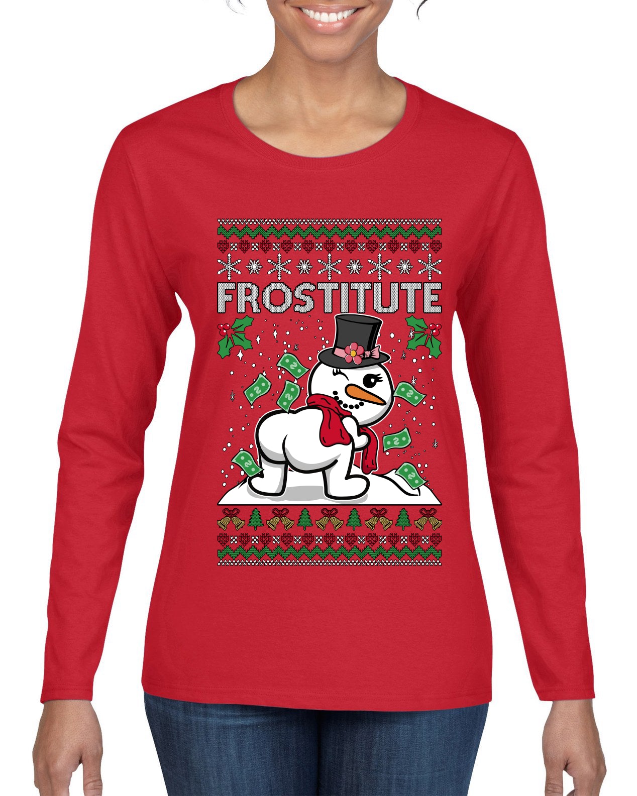 Frostitute, Ugly Christmas Sweater Womens Graphic Long Sleeve T-Shirt