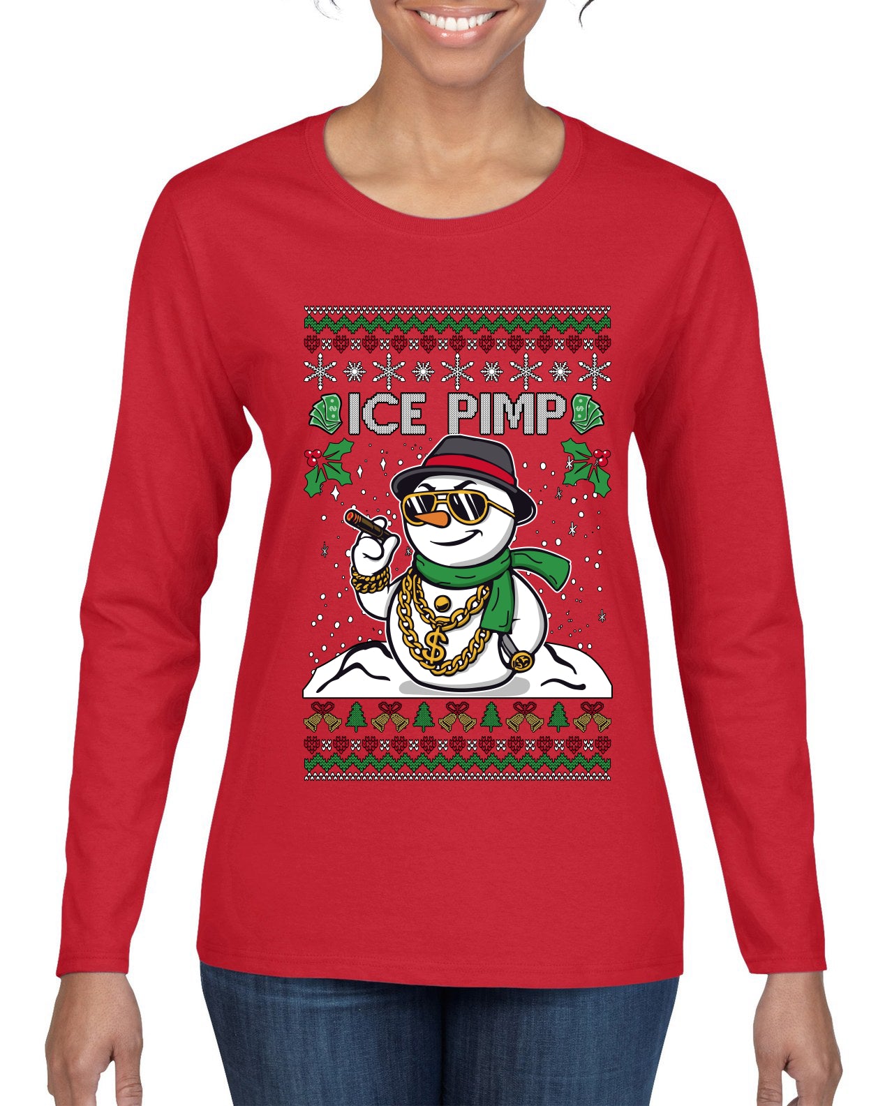 Ice Pimp, Ugly Christmas Sweater Womens Graphic Long Sleeve T-Shirt