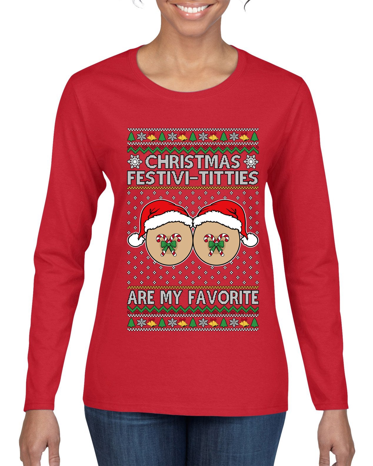 Christmas Festivi-Titties Are My Favorite, Ugly Christmas Sweater Womens Graphic Long Sleeve T-Shirt
