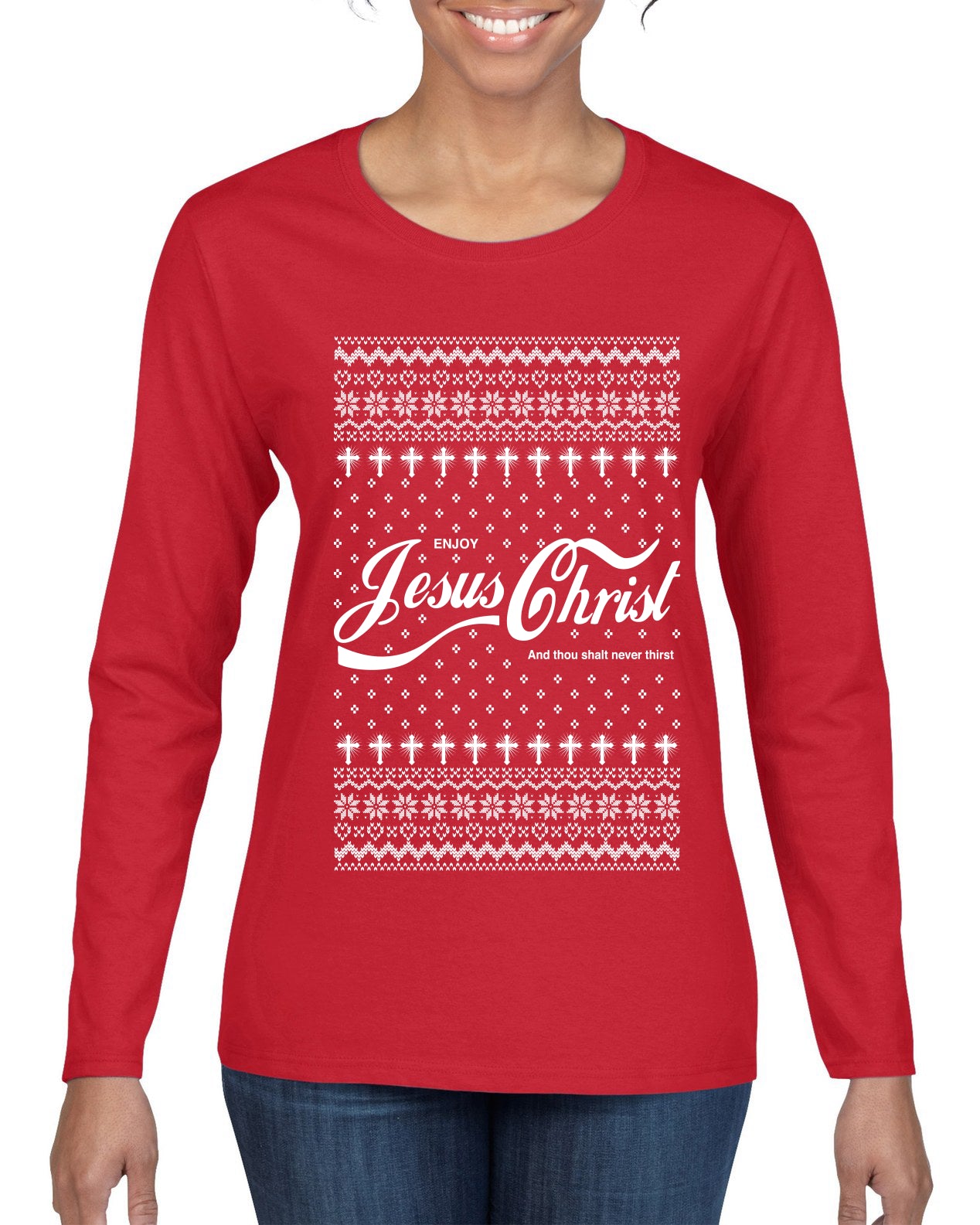 Enjoy Jesus Christ Parody Wordplay, Ugly Christmas Sweater Womens Graphic Long Sleeve T-Shirt