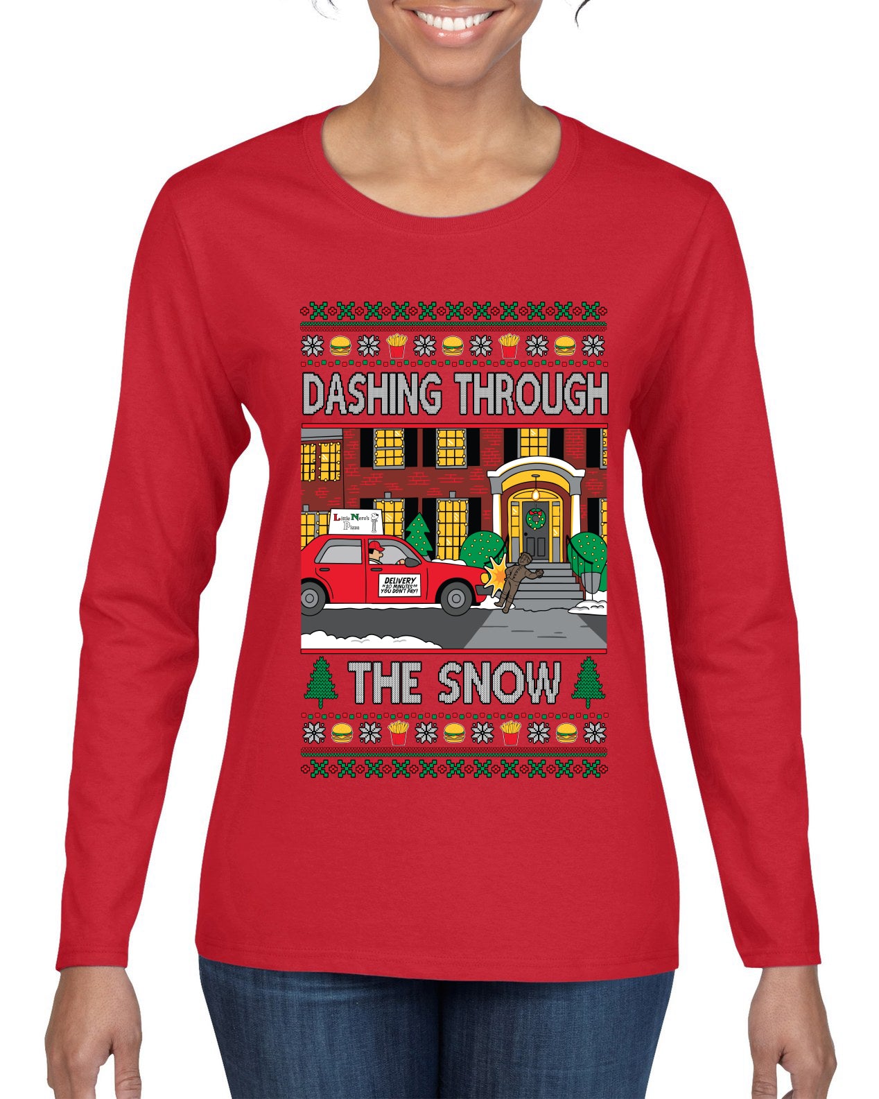 Dashing Through The Snow Classic 90s Holiday Movie, Ugly Christmas Sweater Womens Graphic Long Sleeve T-Shirt