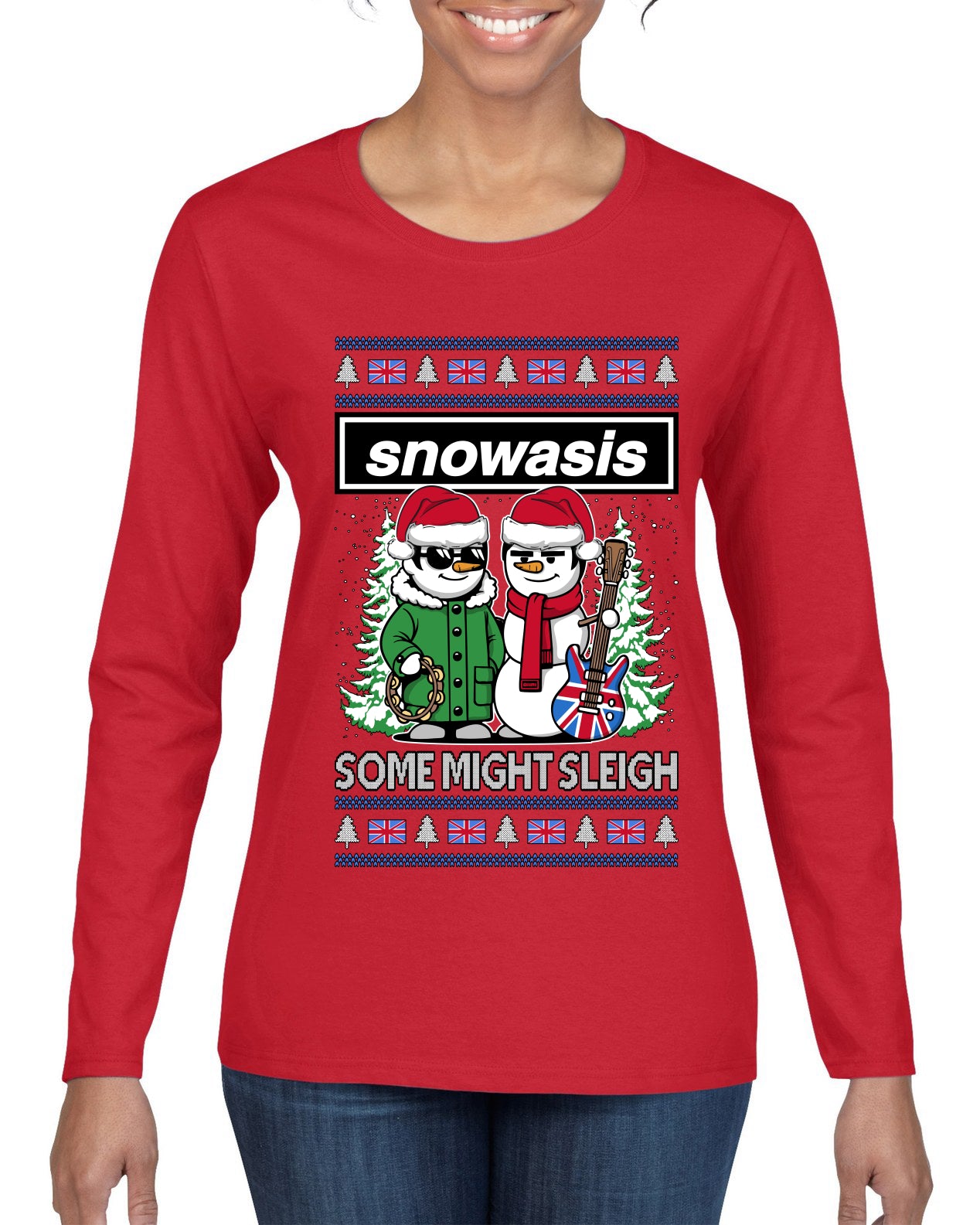 Snowasis English Rock Band Parody, Ugly Christmas Sweater Womens Graphic Long Sleeve T-Shirt