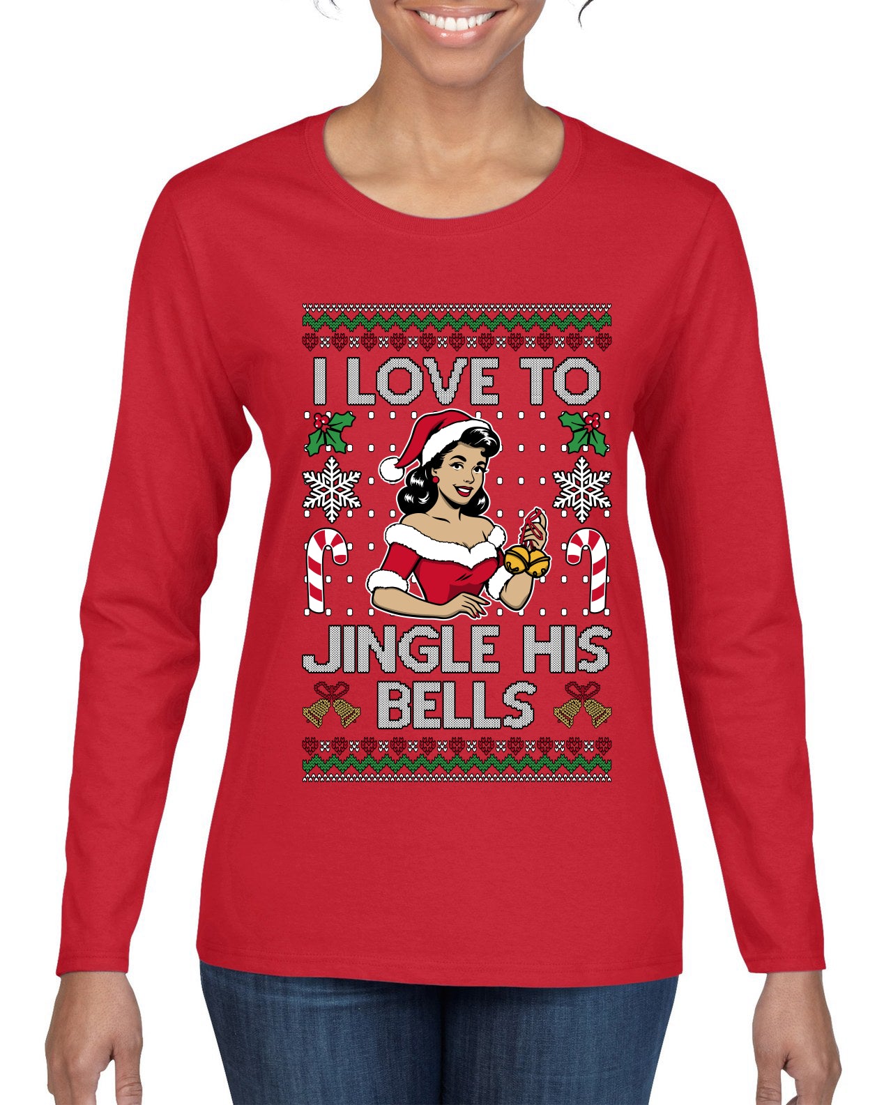 I Love To Jingle His Bells, Ugly Christmas Sweater Womens Graphic Long Sleeve T-Shirt