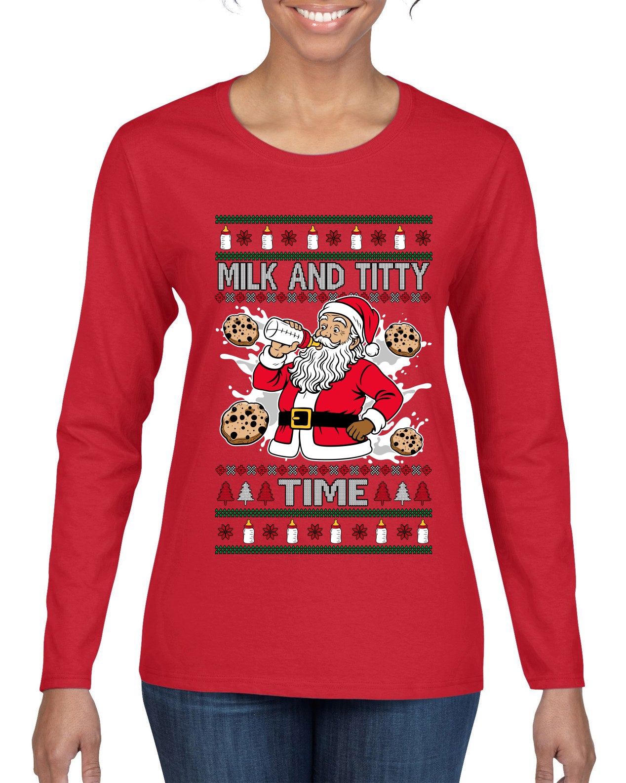 Milk And Titty Time, Ugly Christmas Sweater Womens Graphic Long Sleeve T-Shirt