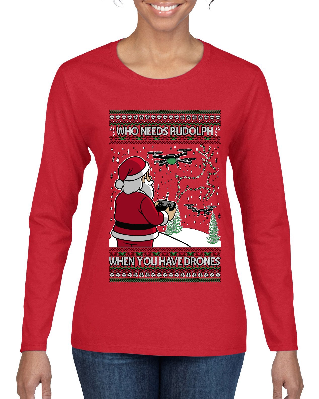 Santa Drone Show Reindeer, Ugly Christmas Sweater Womens Graphic Long Sleeve T-Shirt