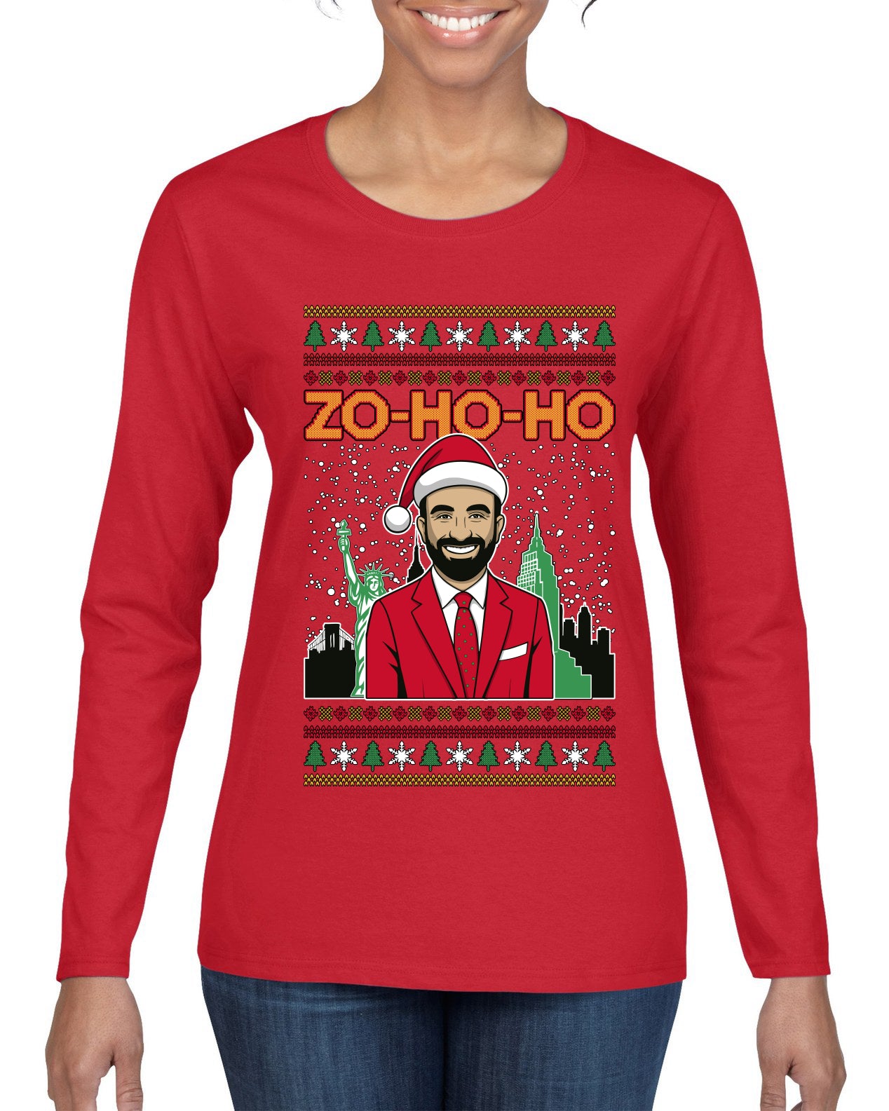 Zo Ho Ho Zohran Mamdani NYC, Ugly Christmas Sweater Womens Graphic Long Sleeve T-Shirt