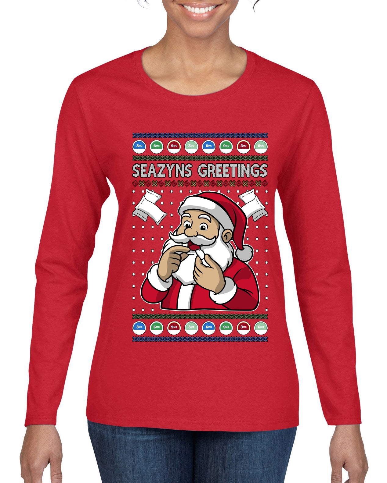 Seazyns Greeting Santa Packing Lip Pouch, Ugly Christmas Sweater Womens Graphic Long Sleeve T-Shirt