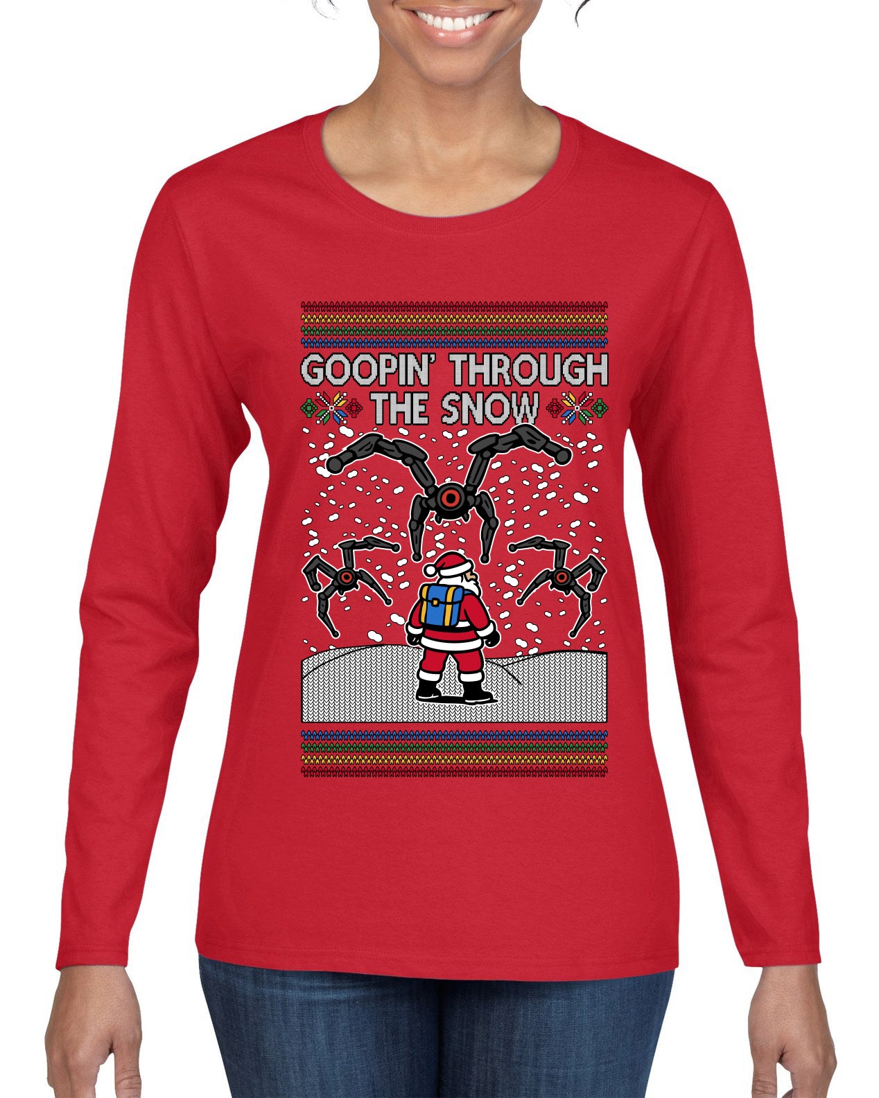 Goopin' Through The Snow Gamer Santa, Ugly Christmas Sweater Womens Graphic Long Sleeve T-Shirt