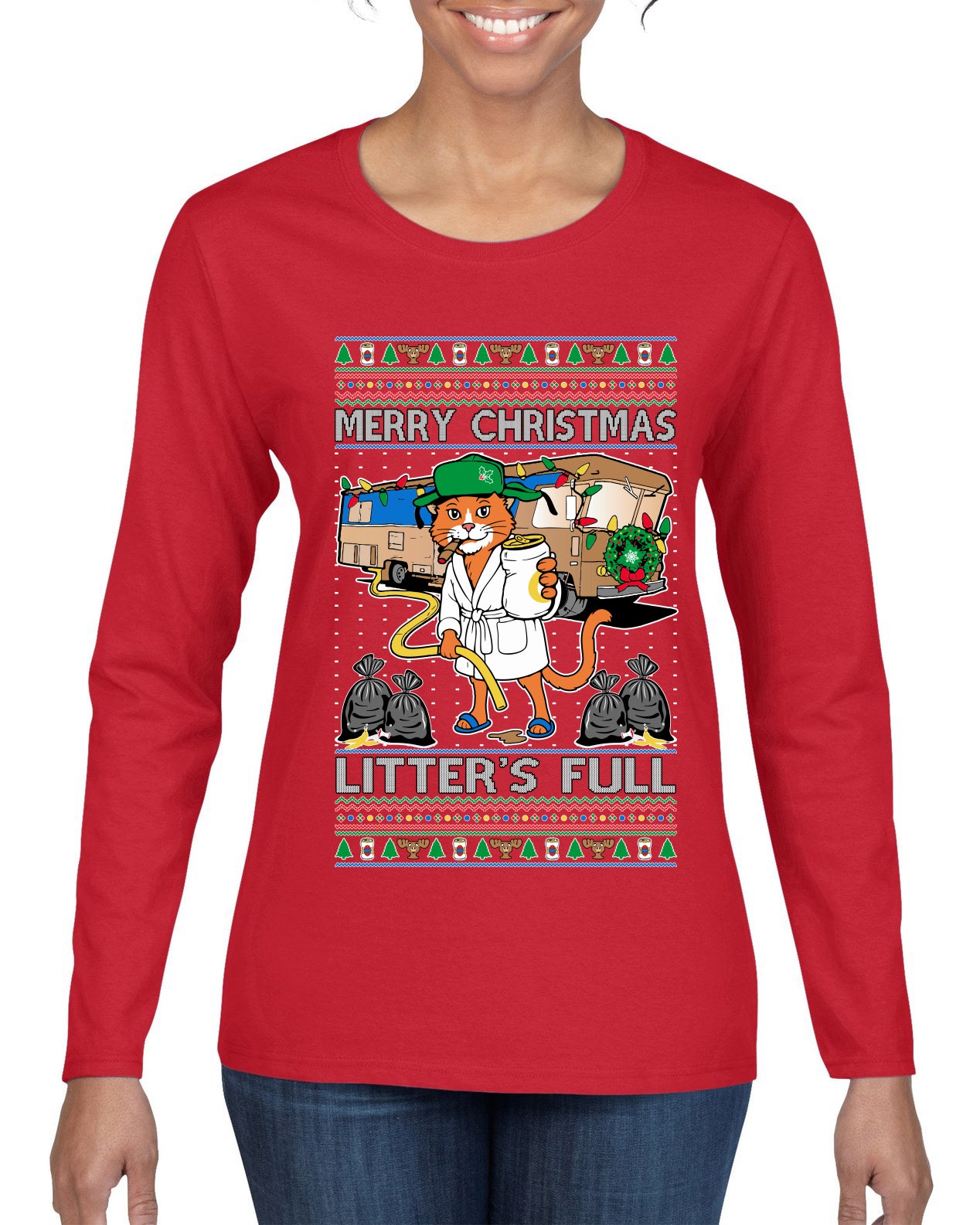 Litters Full Cat, Ugly Christmas Sweater Womens Graphic Long Sleeve T-Shirt