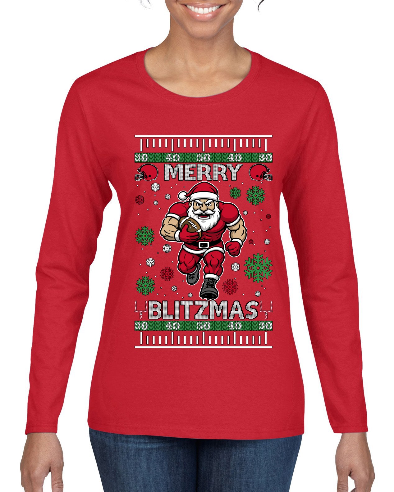 Merry Blitzmas, Football Christmas Sweater Design, Ugly Christmas Sweater Womens Graphic Long Sleeve T-Shirt