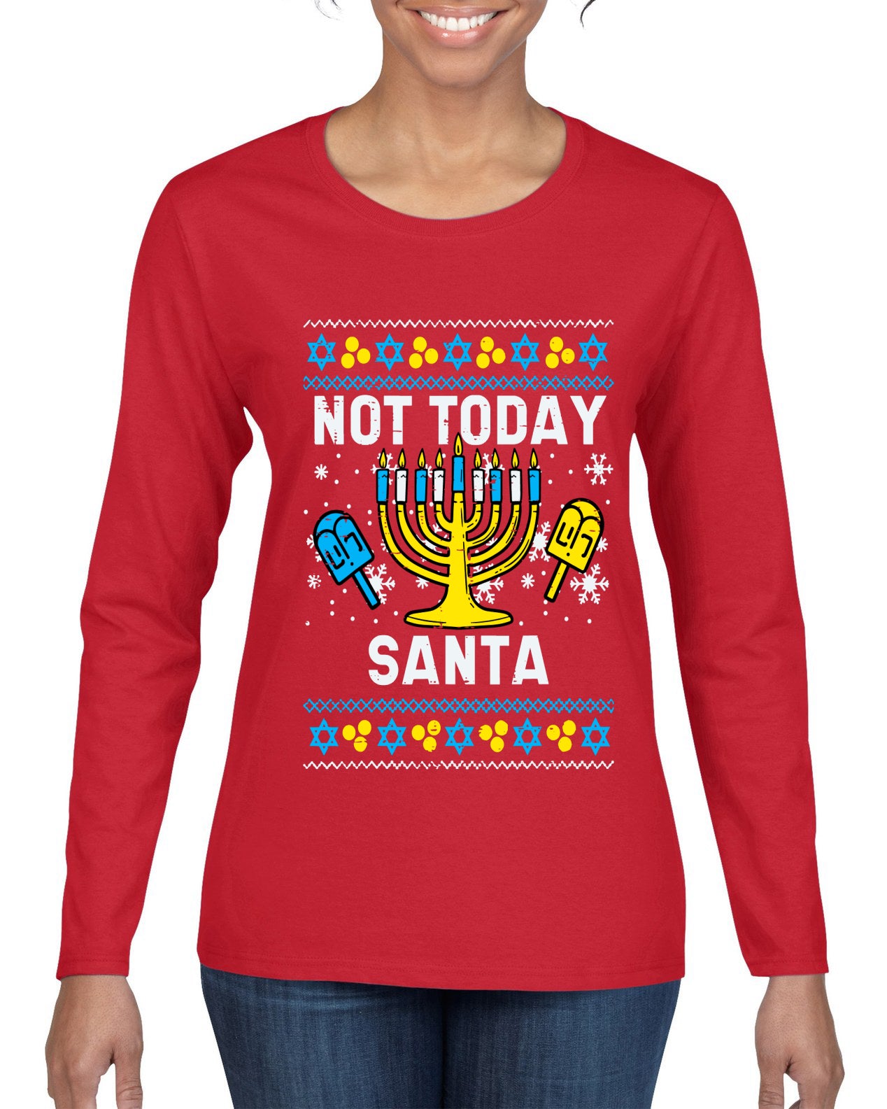 Not Today Santa Menorah Hanukkah, Ugly Christmas Sweater Womens Graphic Long Sleeve T-Shirt