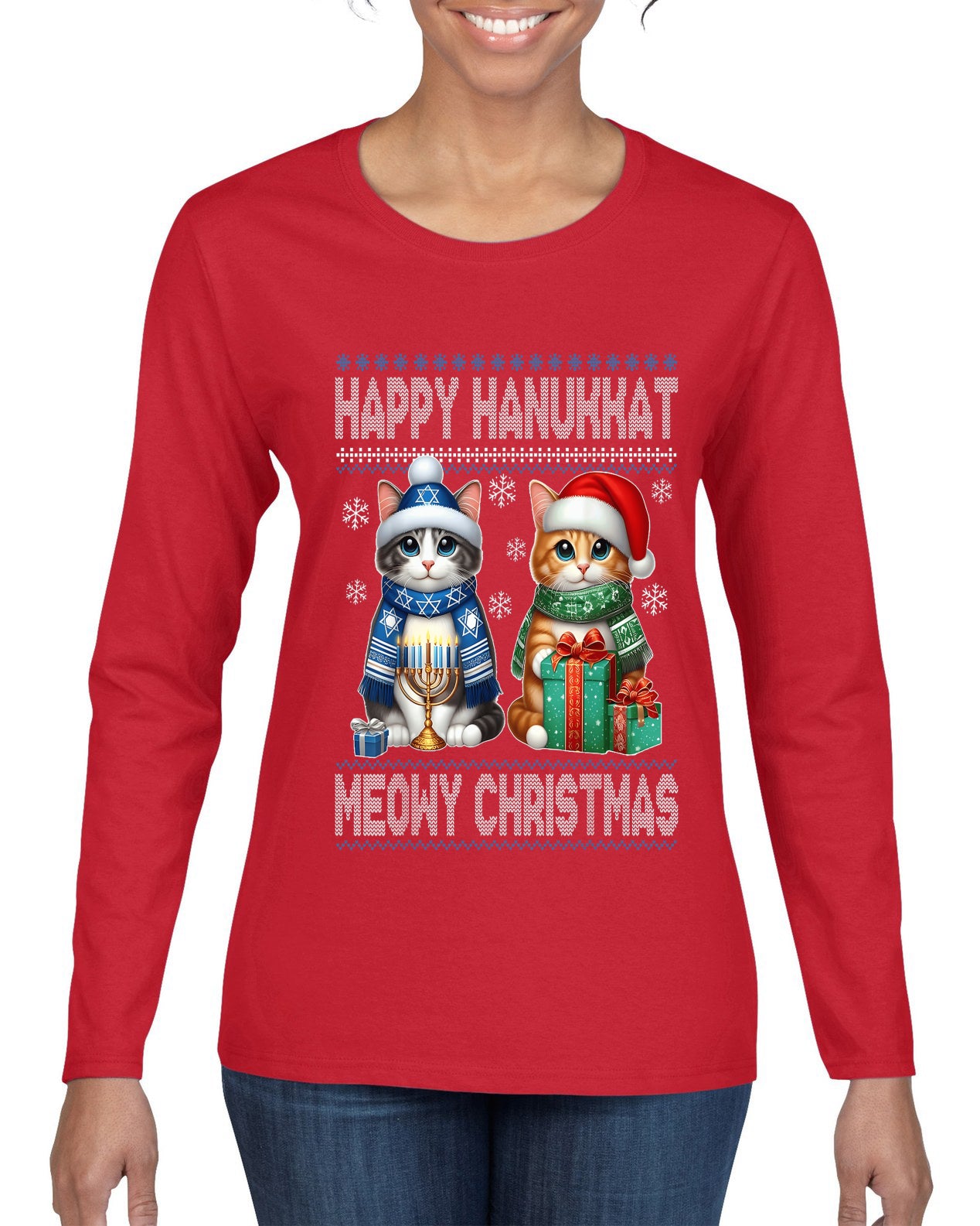 Happy Hanukkat Meowy Christmas, Ugly Christmas Sweater Womens Graphic Long Sleeve T-Shirt