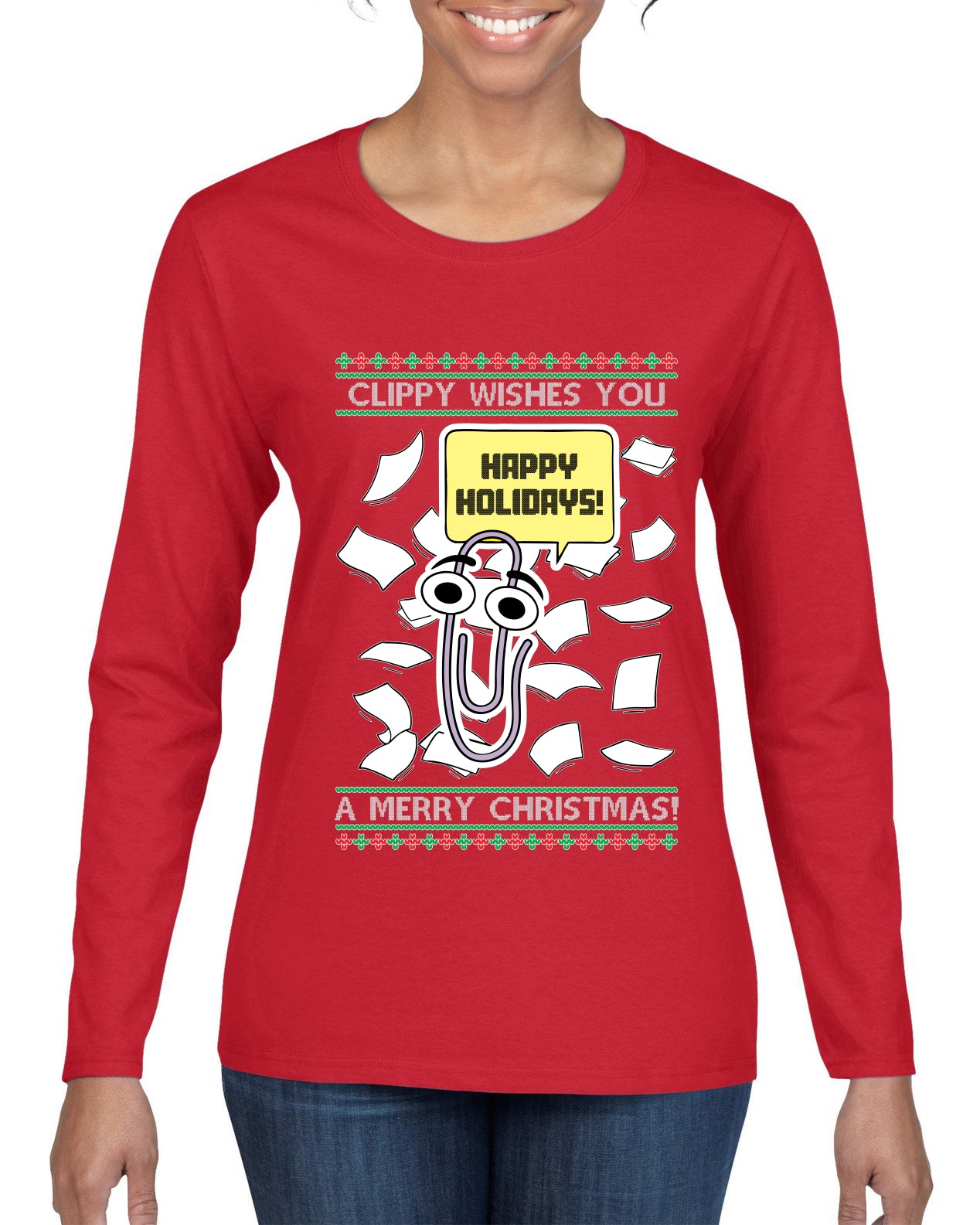 Clippy Wishes You A Merry Christmas Office Assistant, Ugly Christmas Sweater Womens Graphic Long Sleeve T-Shirt