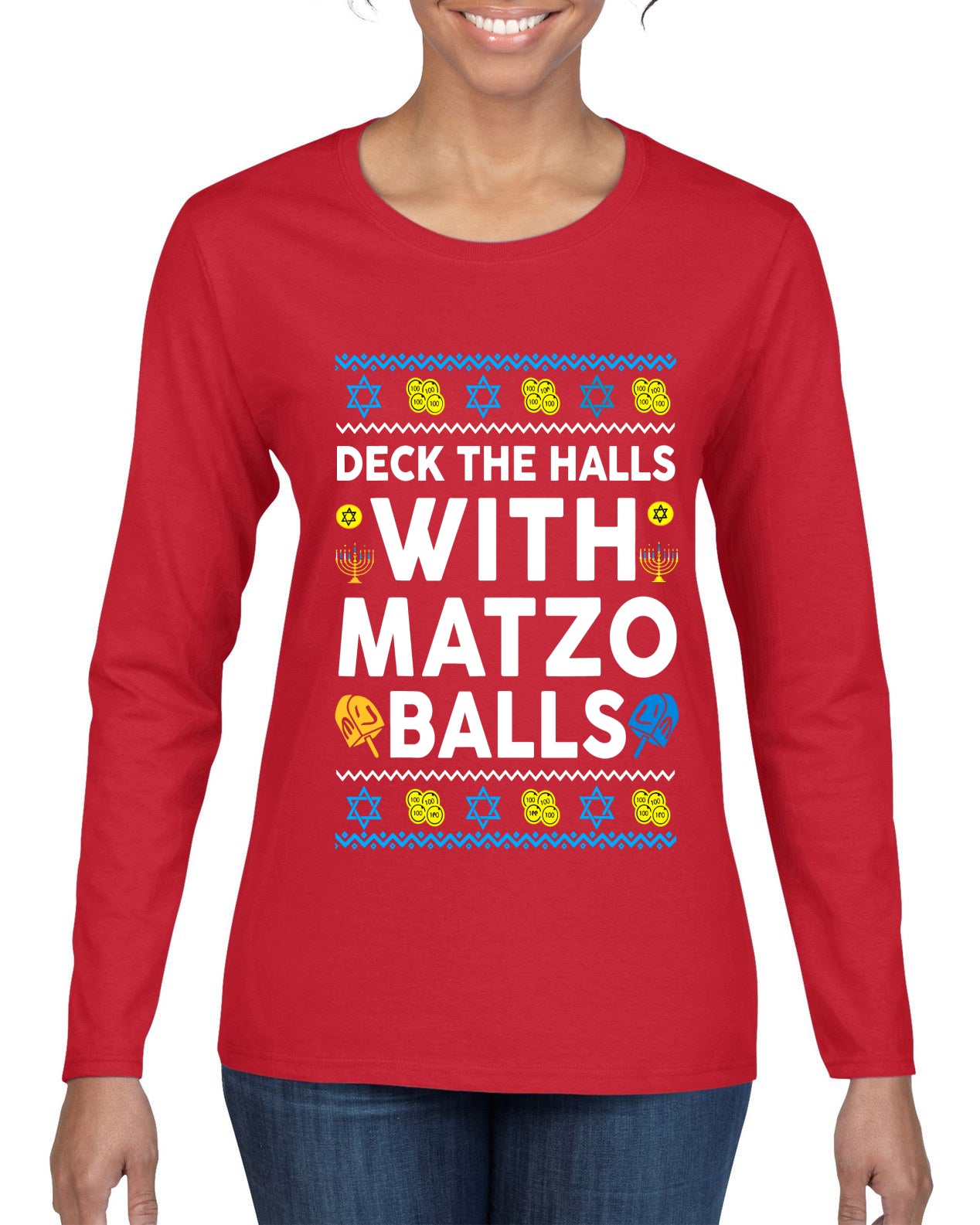 Deck The Halls With Matzo Balls Hanukkah, Ugly Christmas Sweater Womens Graphic Long Sleeve T-Shirt