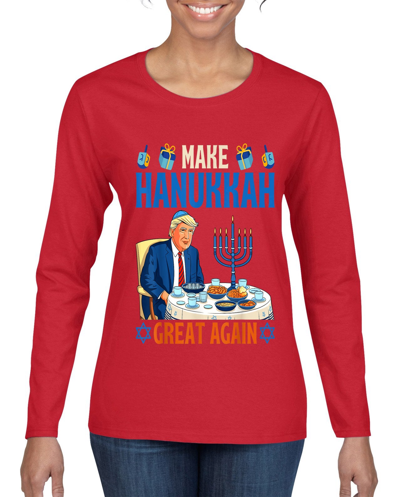 Make Hanukkah Great Again, Ugly Christmas Sweater Womens Graphic Long Sleeve T-Shirt